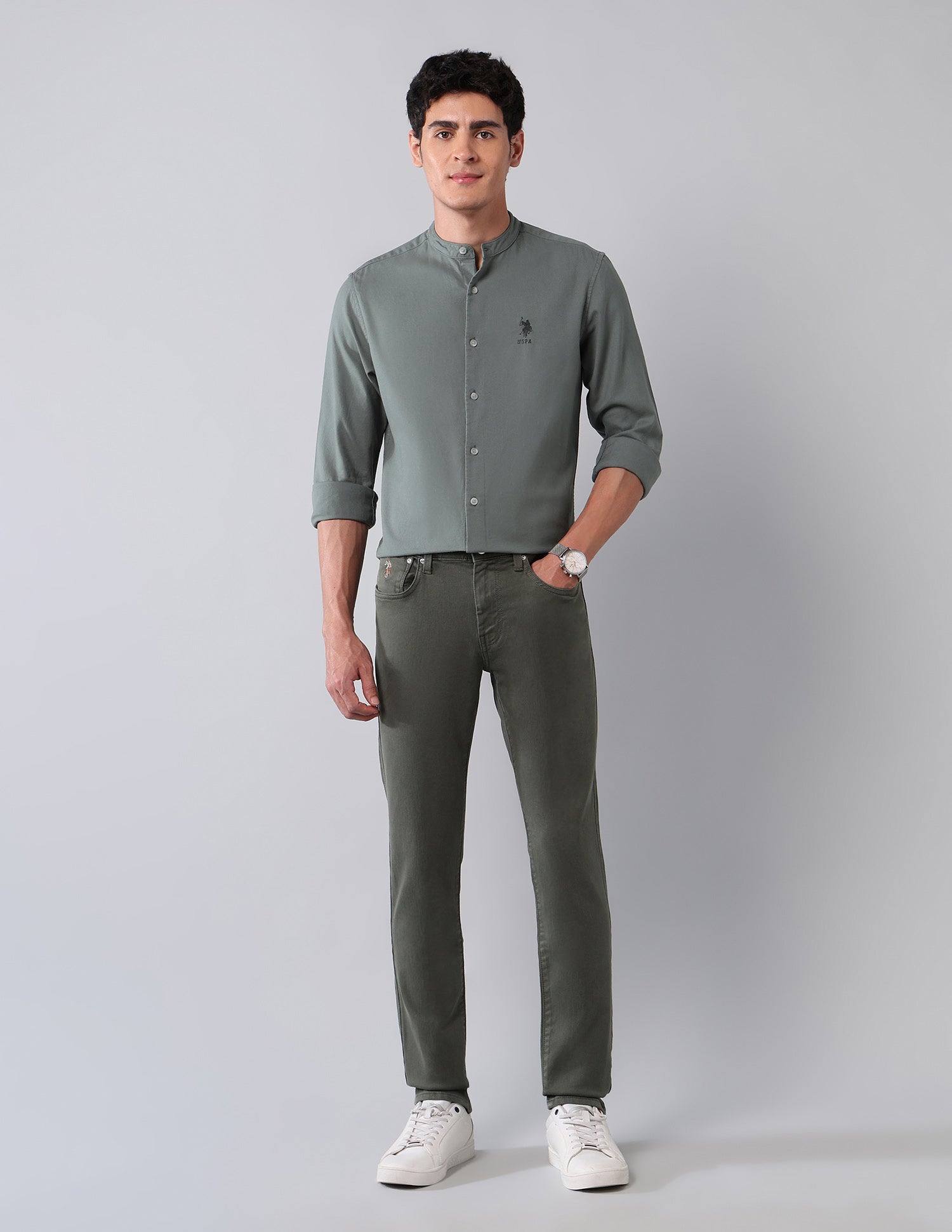 Pure Cotton Regular Fit Twill Shirt Dark Green - U.S. Polo Assn. India | Large