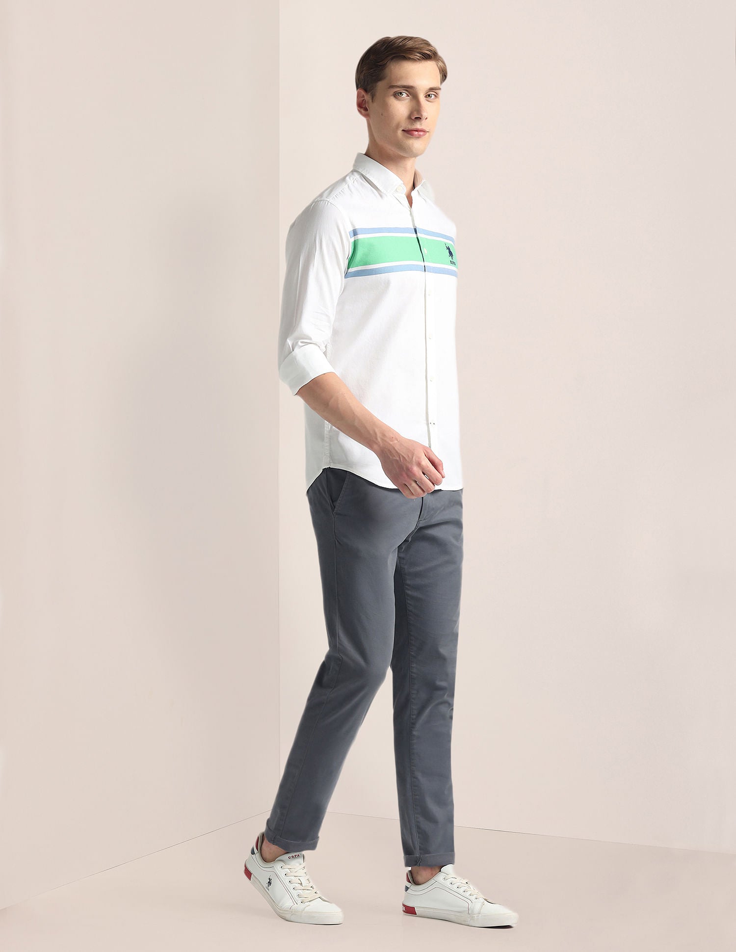 Horizontal Stripe Pinpoint Oxford Shirt White and Light Green - U.S. Polo Assn. India | Large