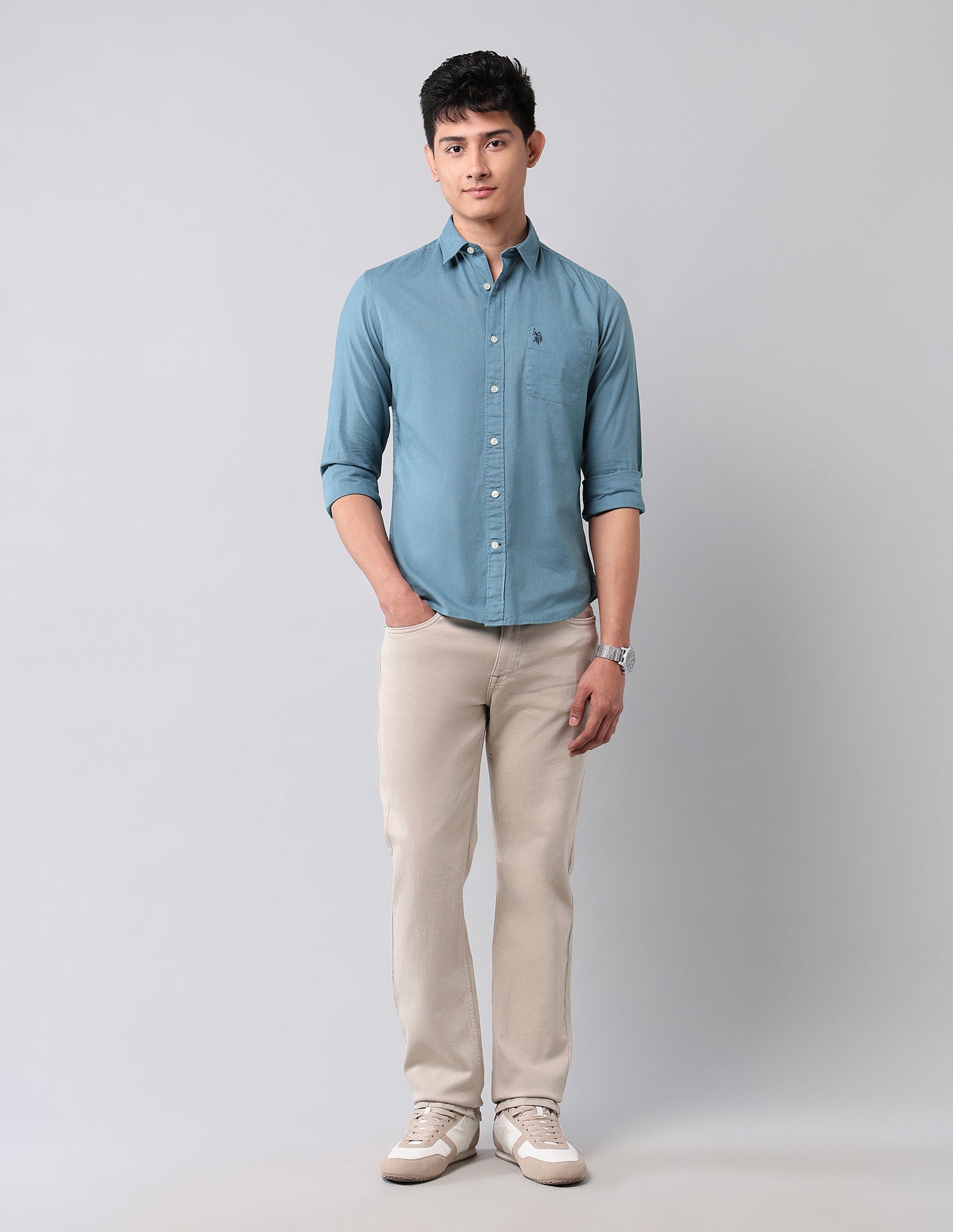 Solid Pure Cotton Shirt Teal - U.S. Polo Assn. India | Large