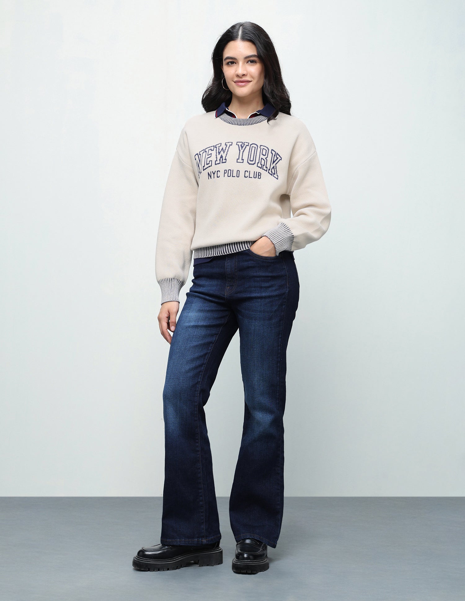 Typographic Patterned Knit Oversized Fit Sweater Off White - U.S. Polo Assn. India | Large