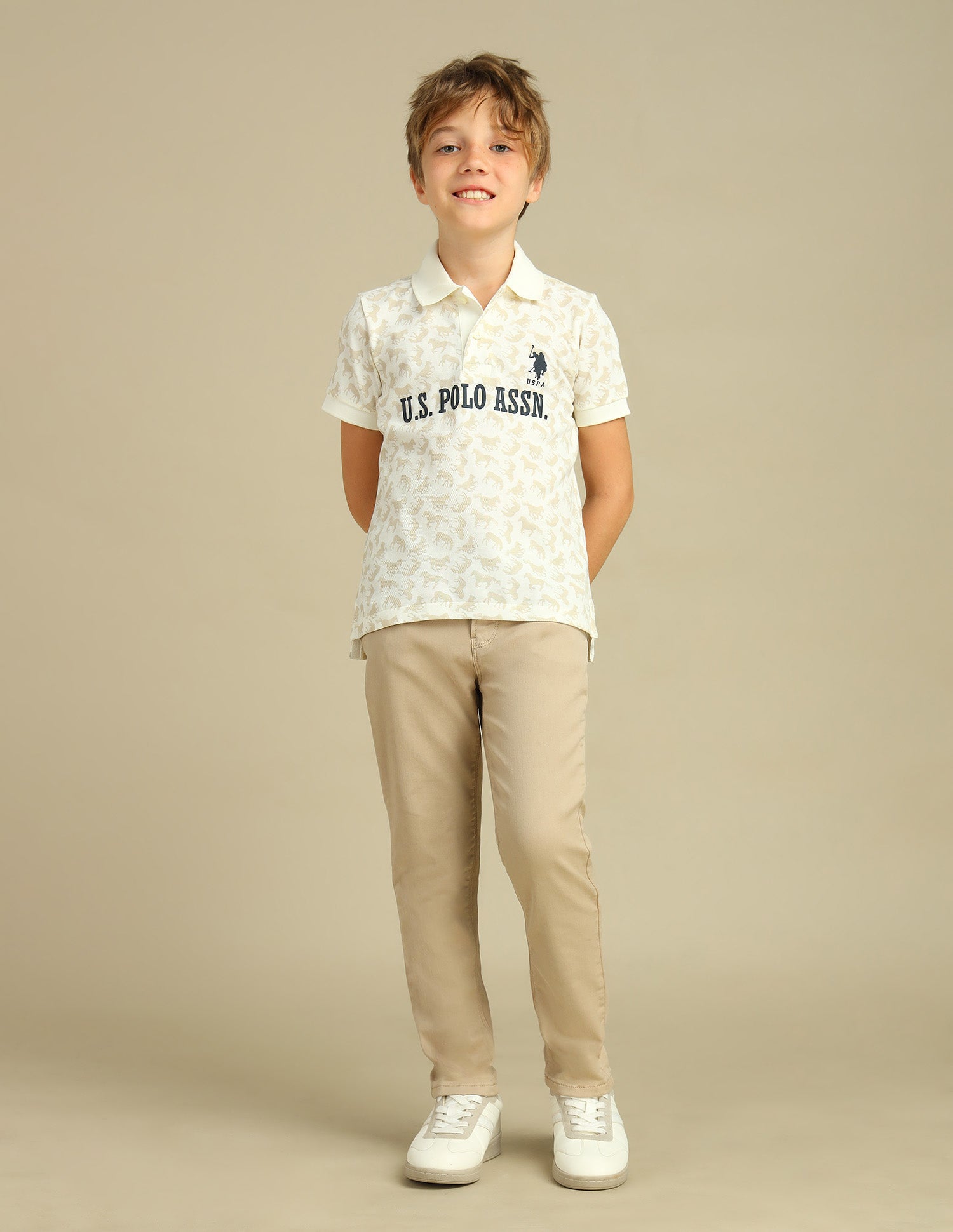 Boys All Over Printed Regular Fit Polo Shirt Off White - U.S. POLO ASSN. | Large
