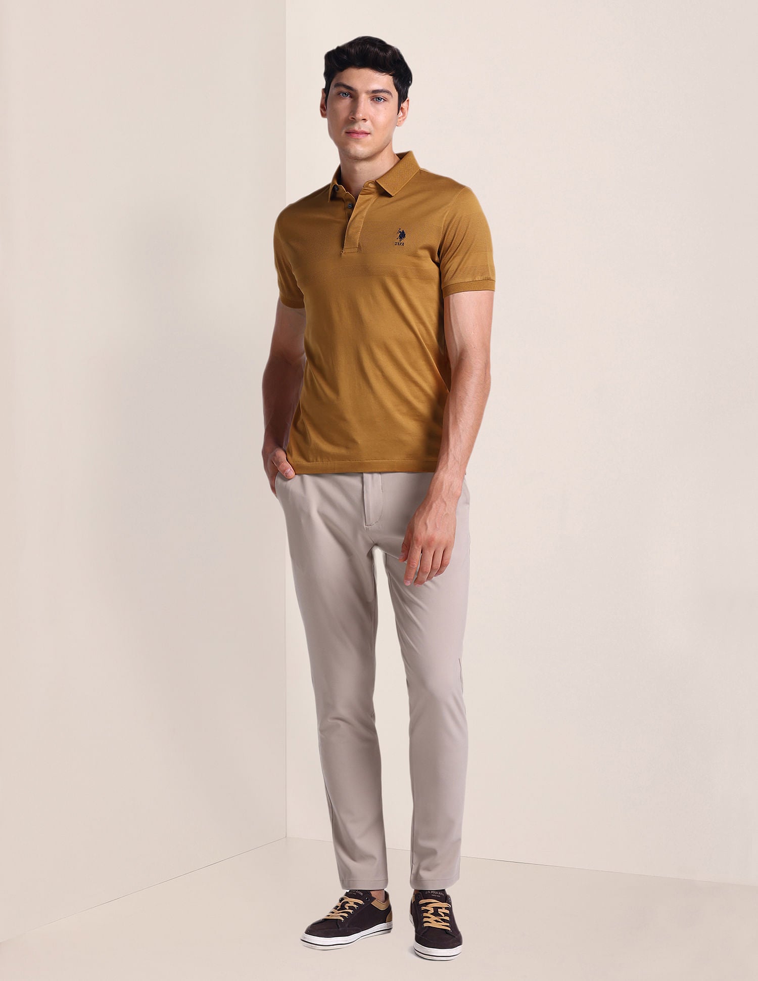 Pattern Knit Slim Polo Shirt Ochre - U.S. Polo Assn. India | Large