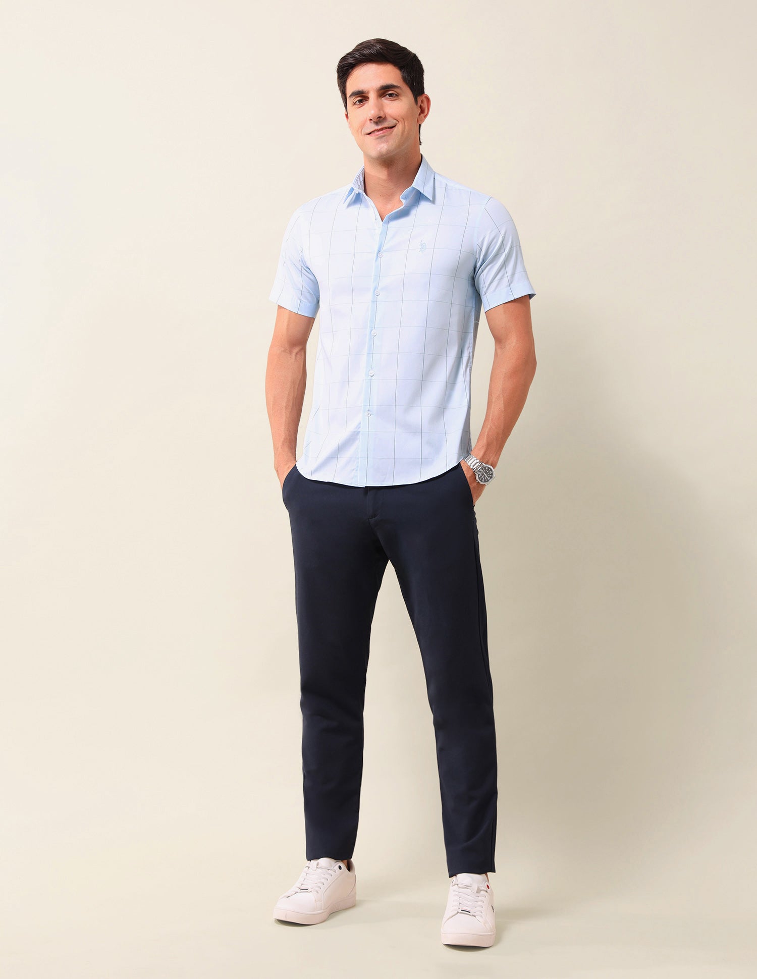Windowpane Checked Tailored Fit Shirt Light Blue - U.S. Polo Assn. India | Large