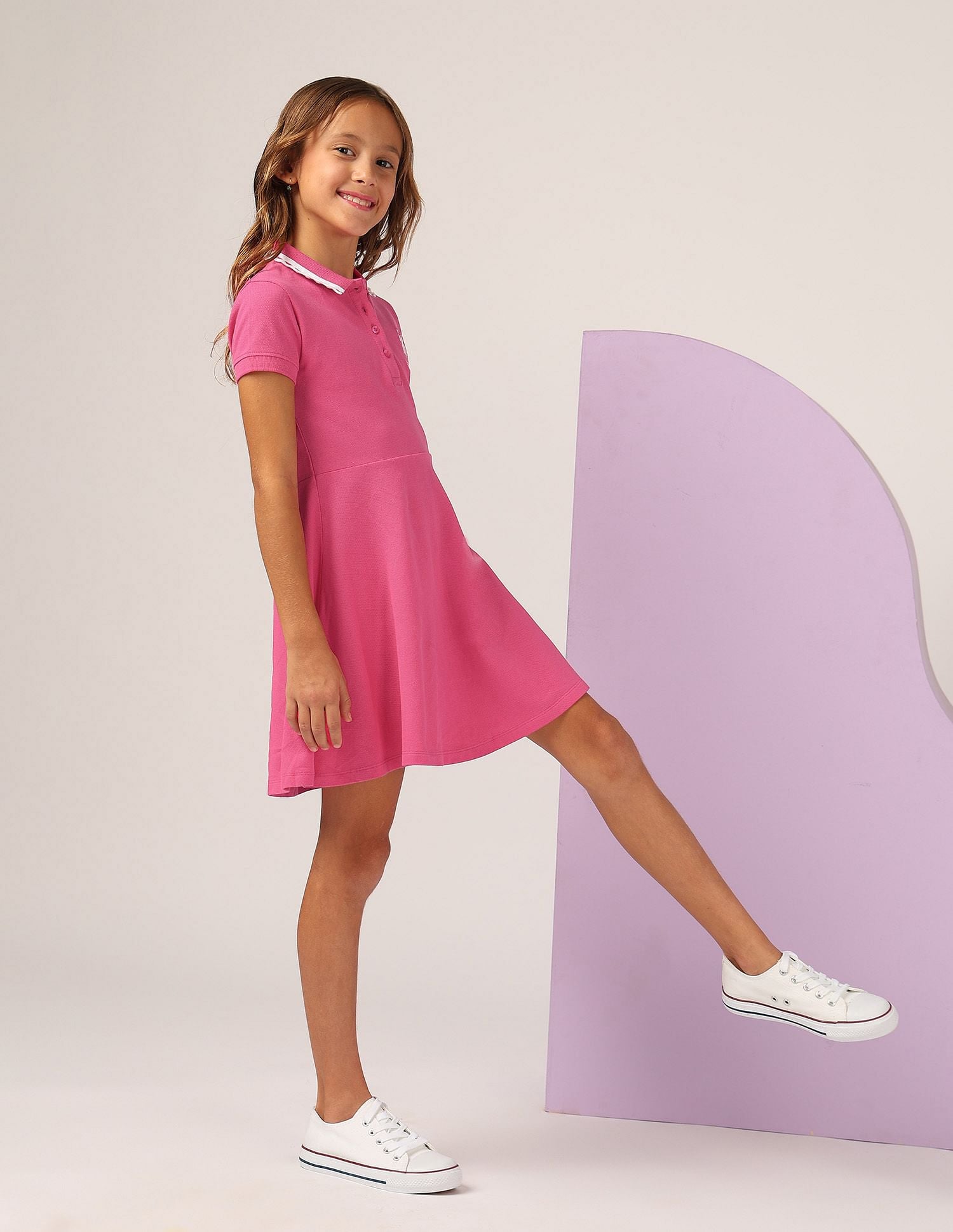 Girls Solid Fit And Flare Polo Dress Dark Pink - U.S. POLO ASSN. | Large