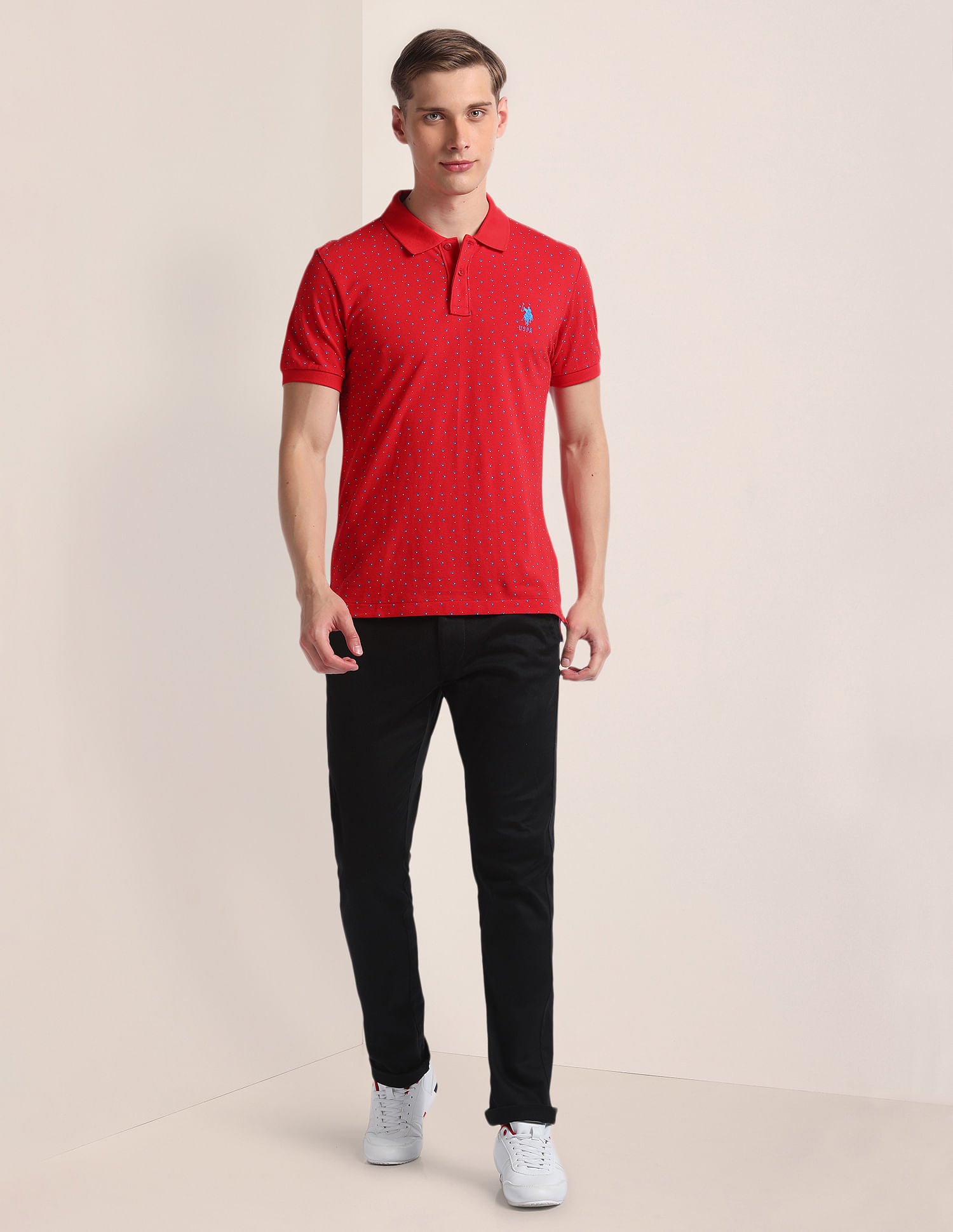Graphic Print Ribbed Collar Polo Shirt Red - U.S. Polo Assn. India | Large