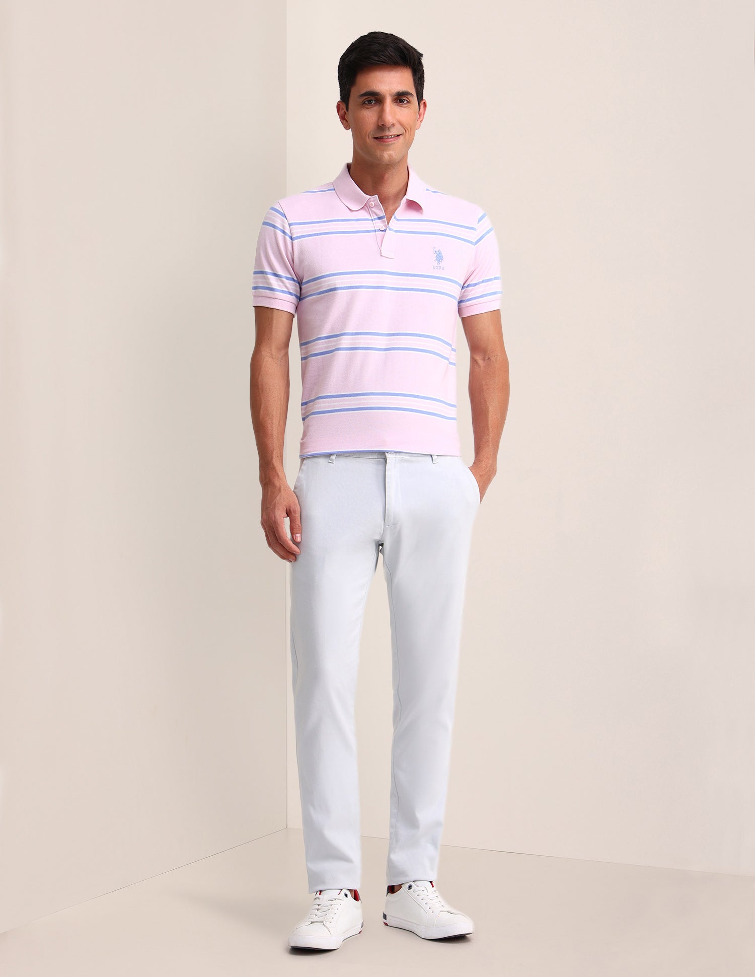 Horizontal Striped Cotton Polo Shirt Pink - U.S. Polo Assn. India | Large