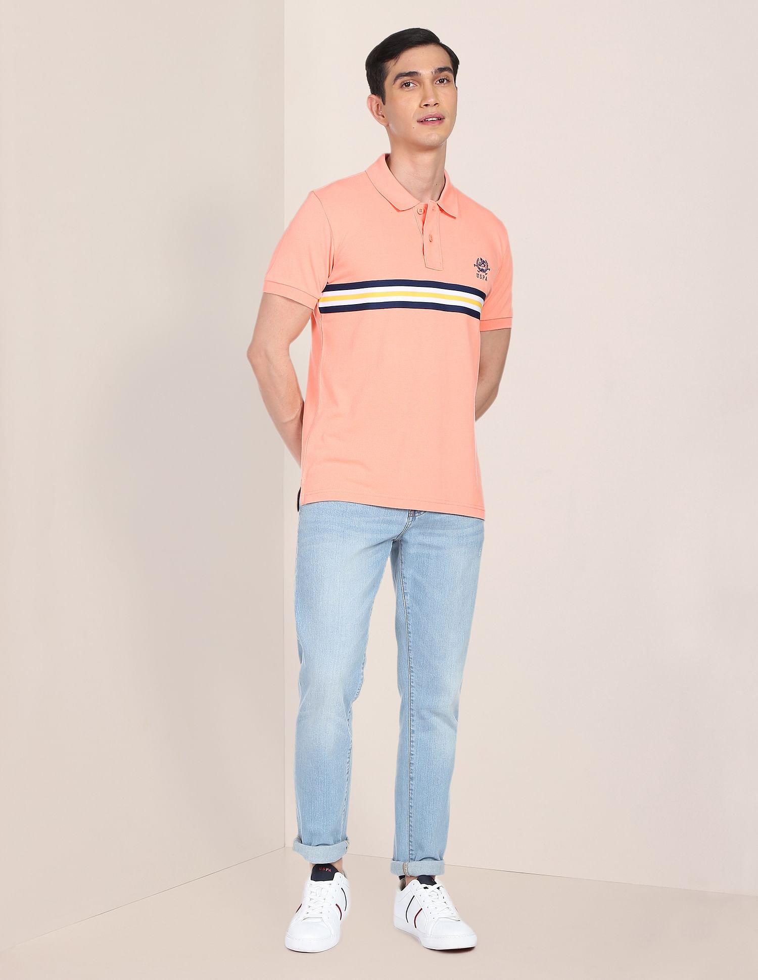 Contrast Stripe Cotton Polo Shirt Peach - U.S. POLO ASSN. | Large