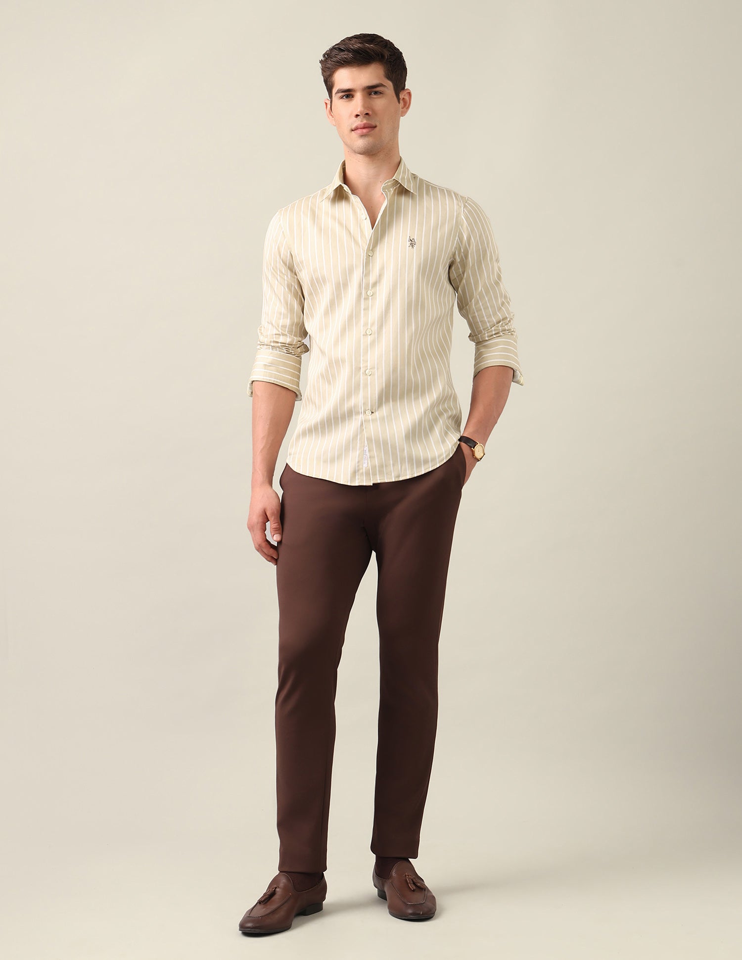 Vertical Striped Satin Shirt Khaki - U.S. Polo Assn. India | Large