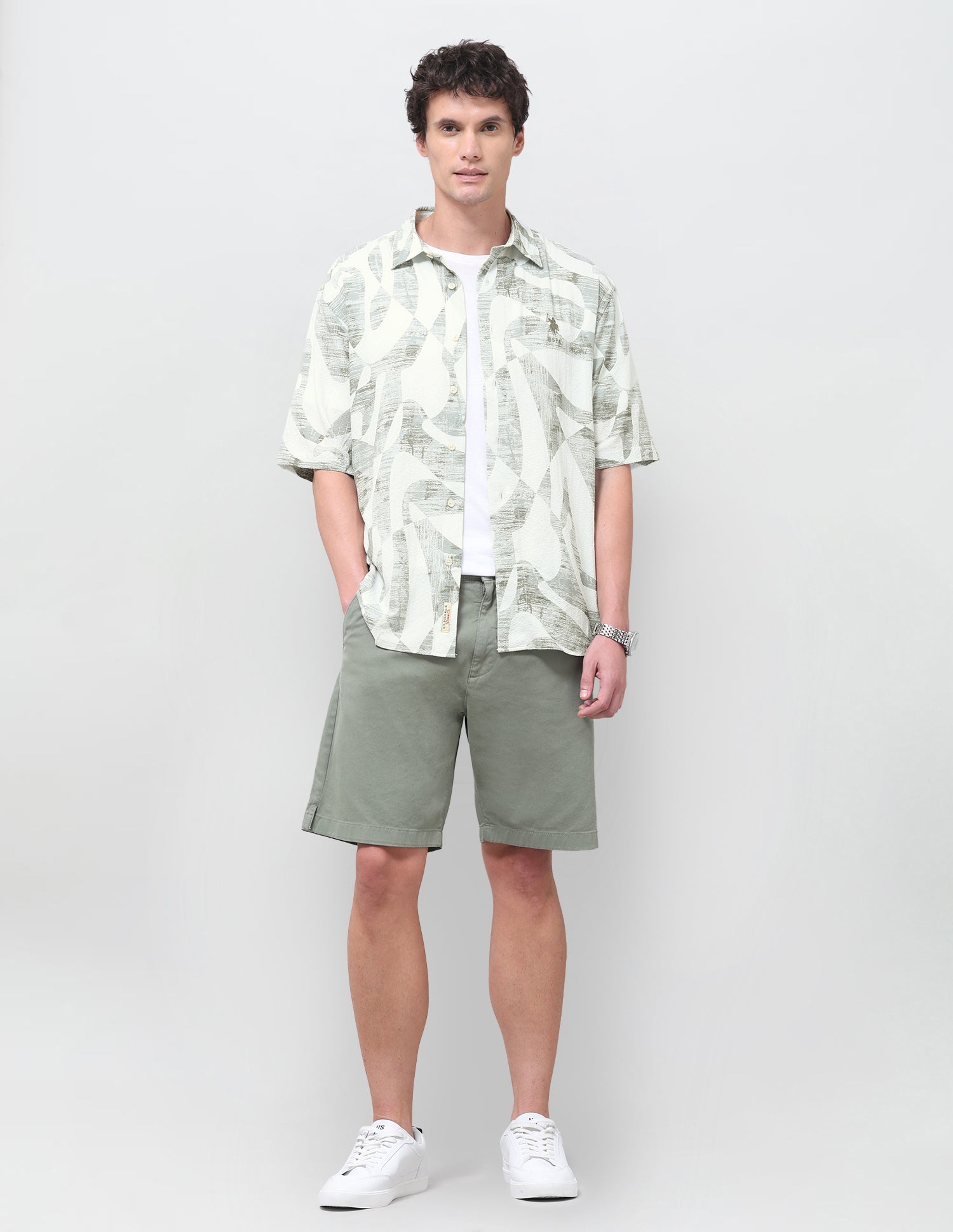 Abstract Printed Seersucker Shirt Light Green - U.S. Polo Assn. India | Large