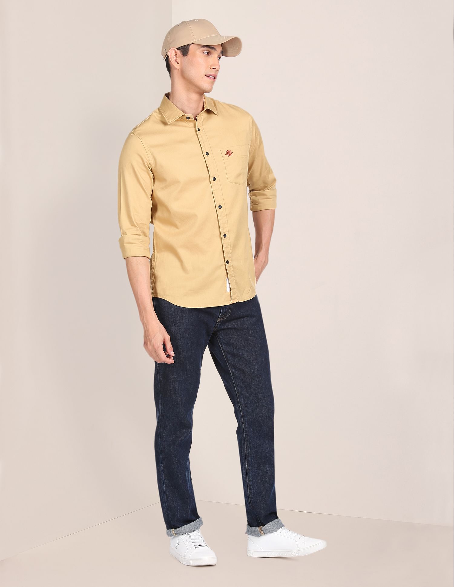 Spread Collar Solid Casual Shirt Khaki - U.S. POLO ASSN. | Large