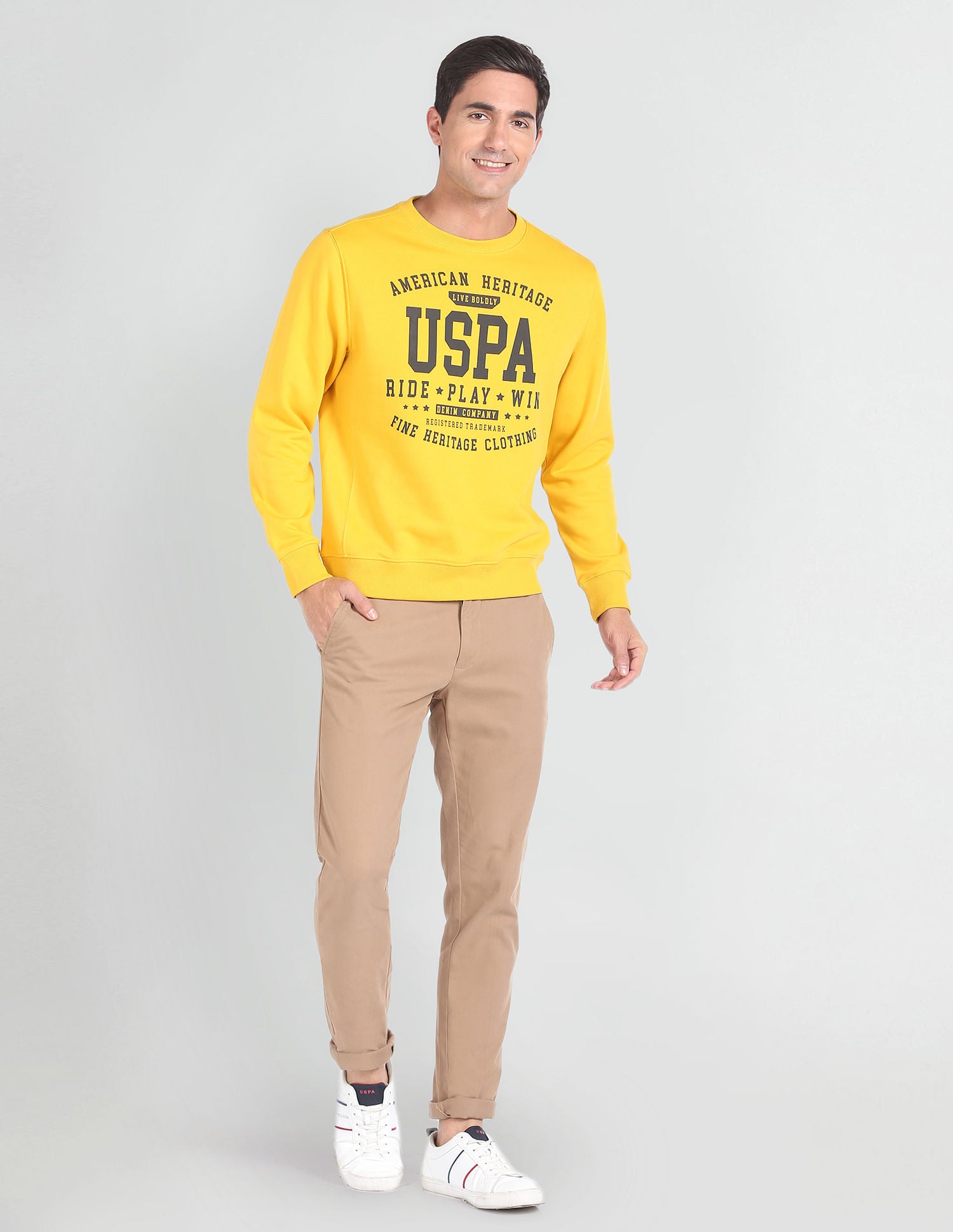 Crew Neck Brand Print Sweatshirt Mustard - U.S. POLO ASSN. | Large