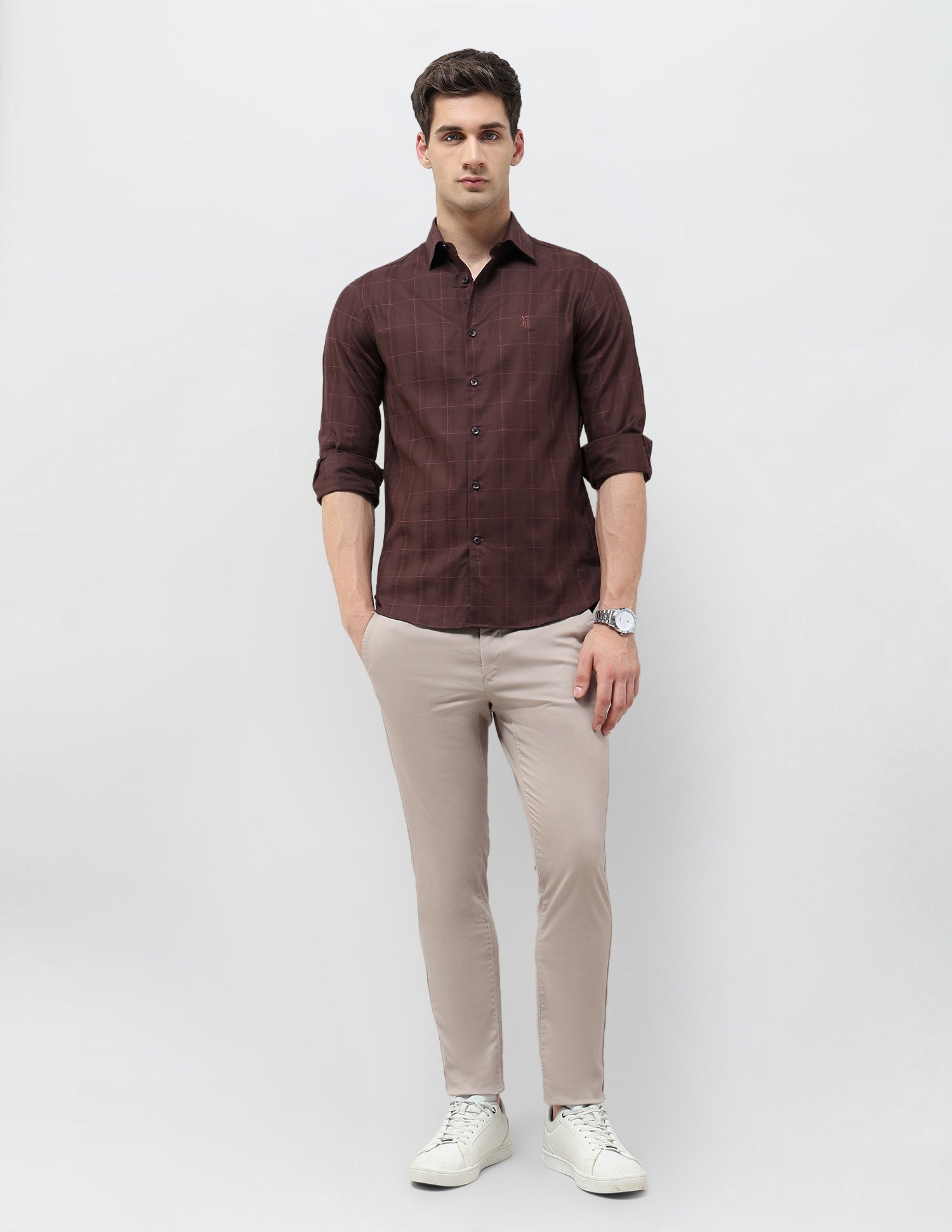 Regular Fit Textured With Grid Checked Shirt Burgundy - U.S. POLO ASSN. | Large