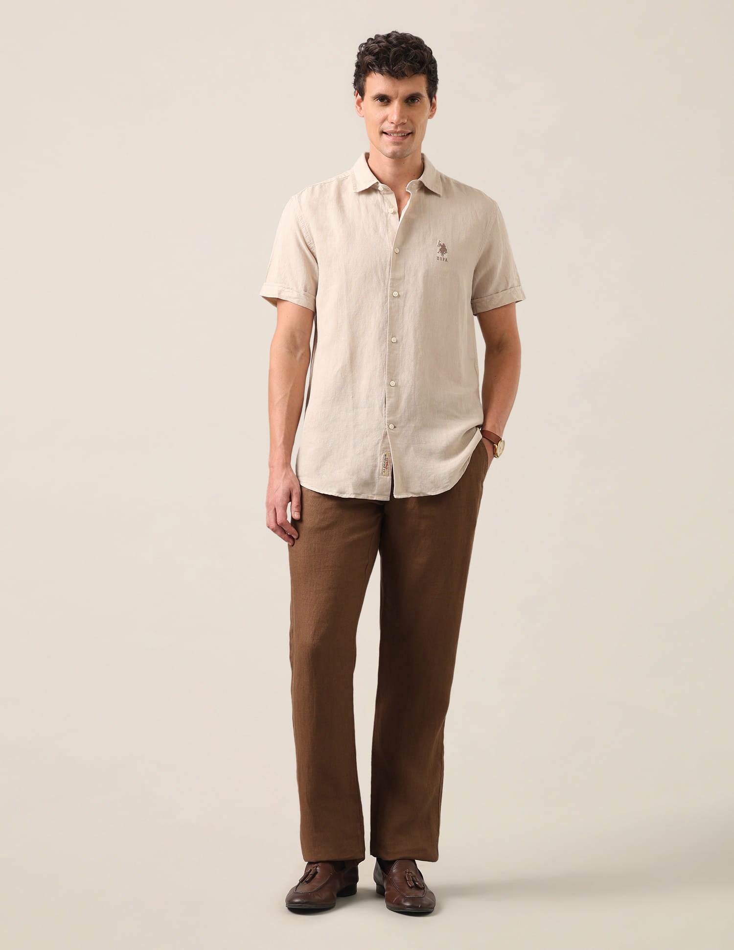 Solid Regular Fit Shirt Beige - U.S. Polo Assn. India | Large