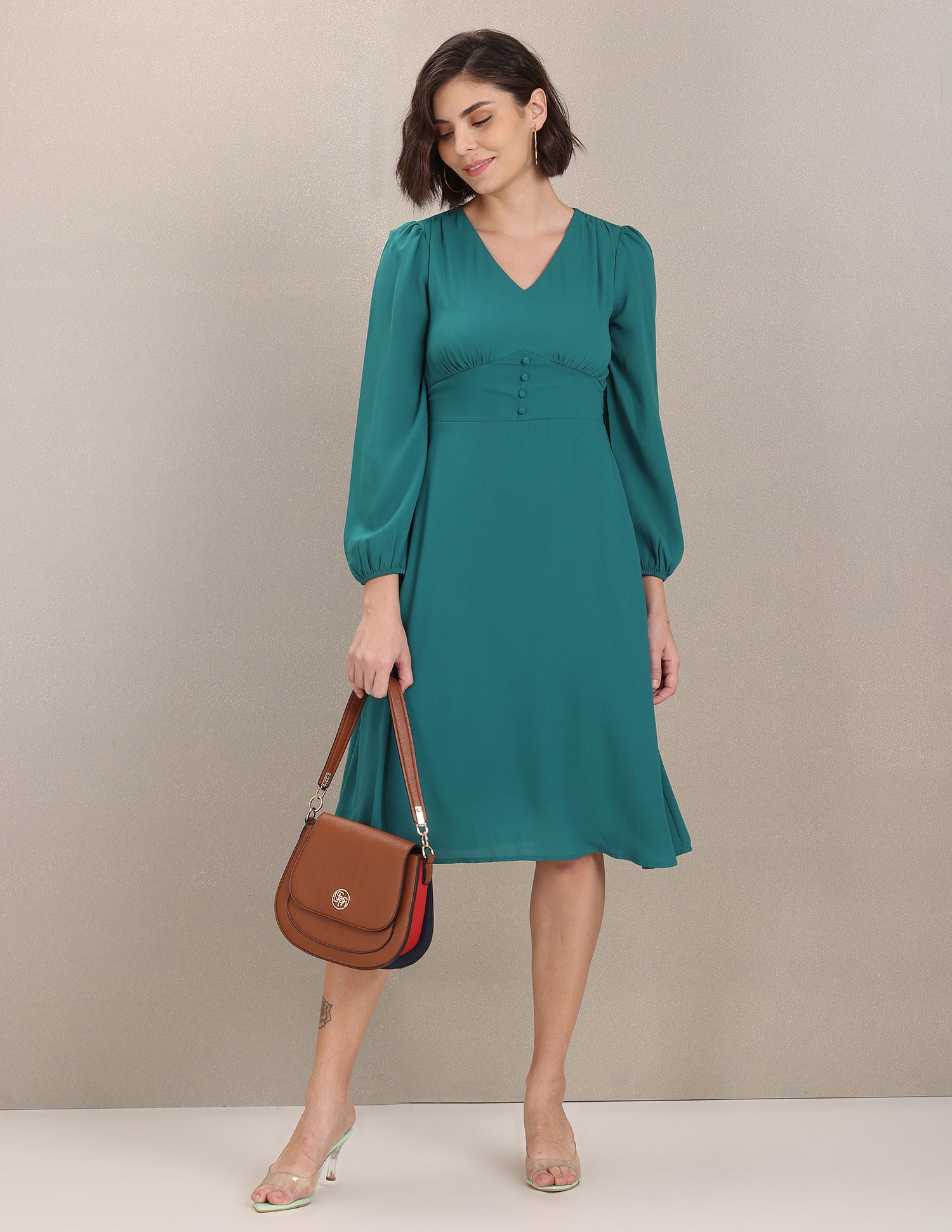 Women Teal V-Neck Solid Fit And Flare Dress Teal - U.S. POLO ASSN. | Large