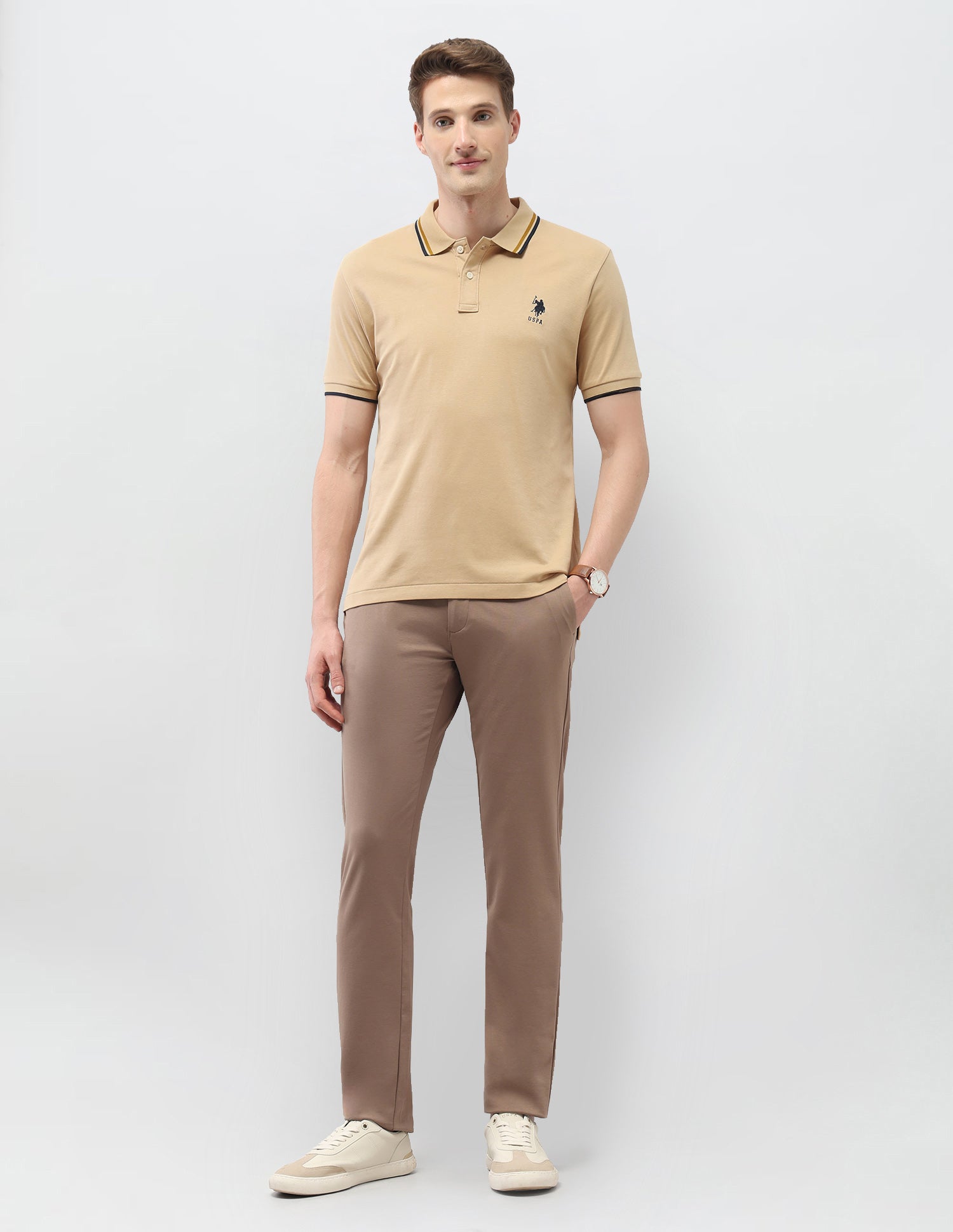 Solid Slim Fit Polo Shirt Beige - U.S. Polo Assn. India | Large