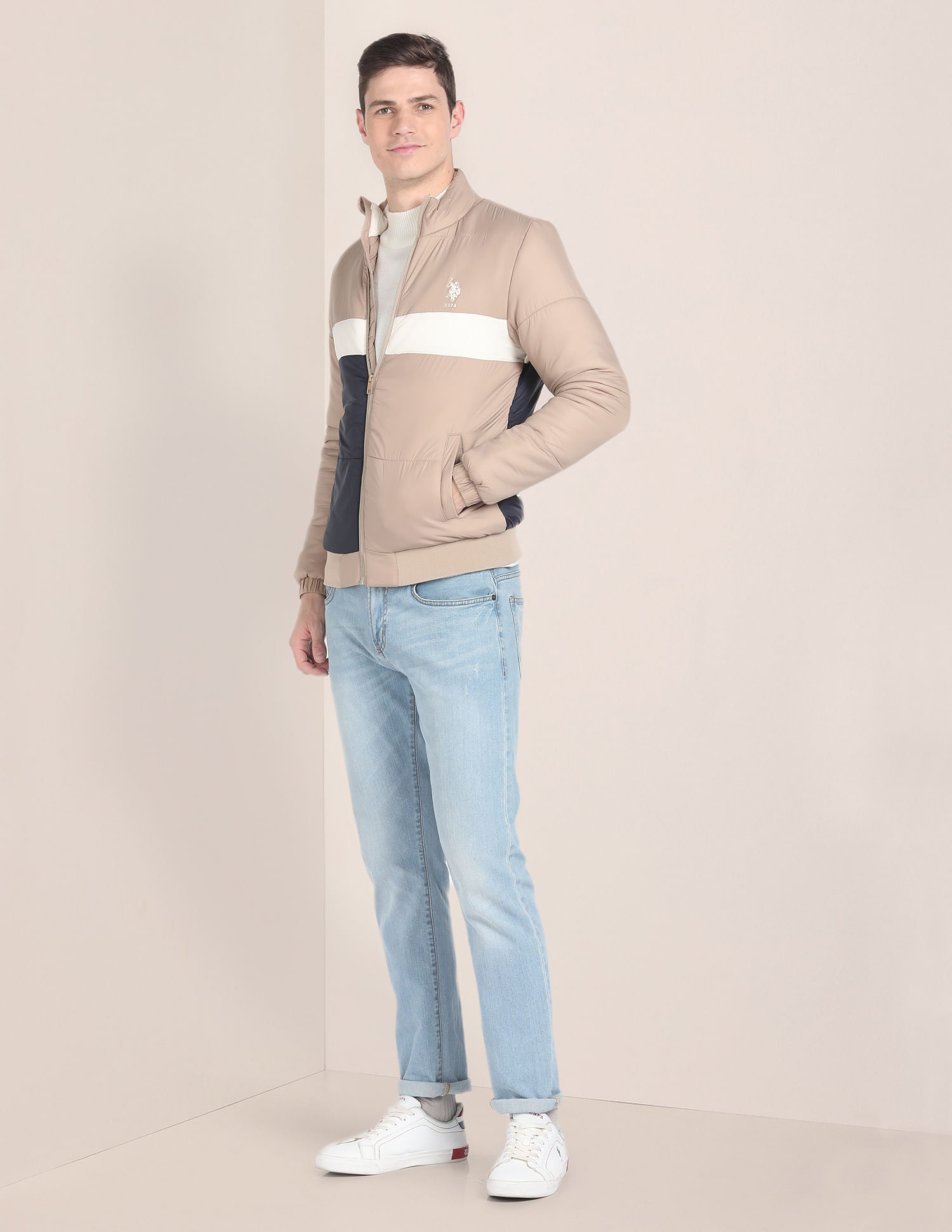 High Neck Colour Block Jacket Beige - U.S. Polo Assn. India | Large