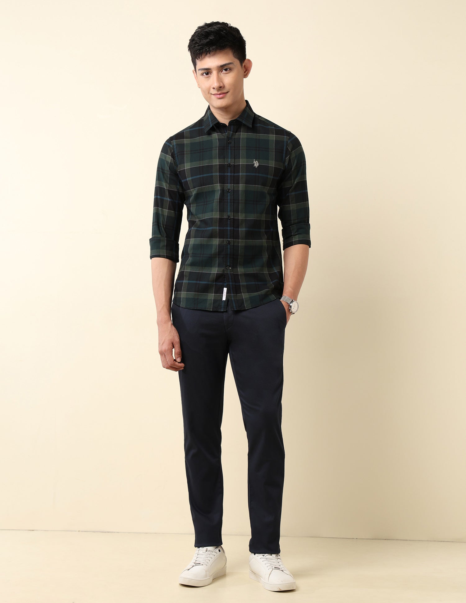 Pure Cotton Tailored Fit Dobby Shirt Dark Green - U.S. Polo Assn. India | Large