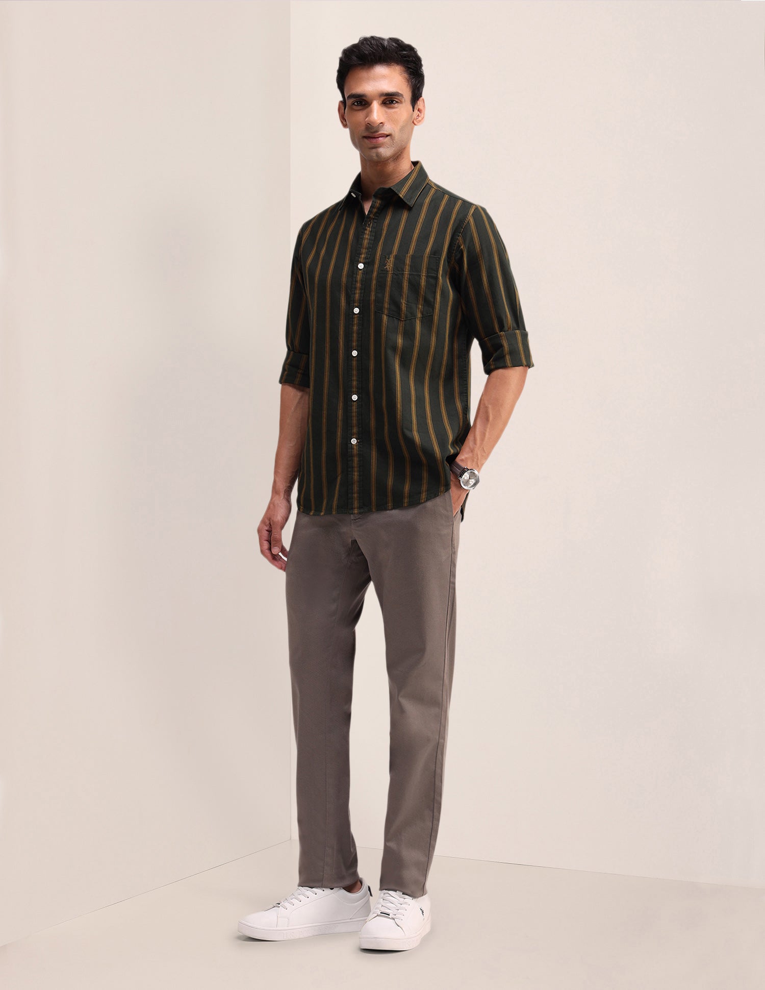 Vertical Striped Twill Shirt Ochre - U.S. Polo Assn. India | Large