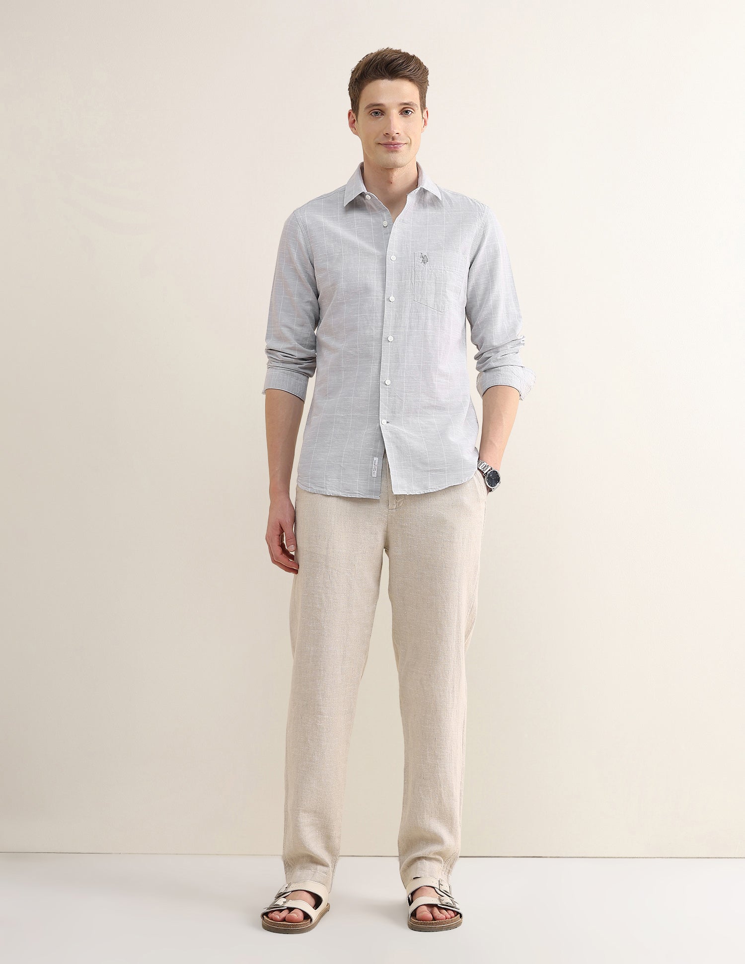 Windowpane Checked Regular Fit Shirt Light Grey - U.S. Polo Assn. India | Large