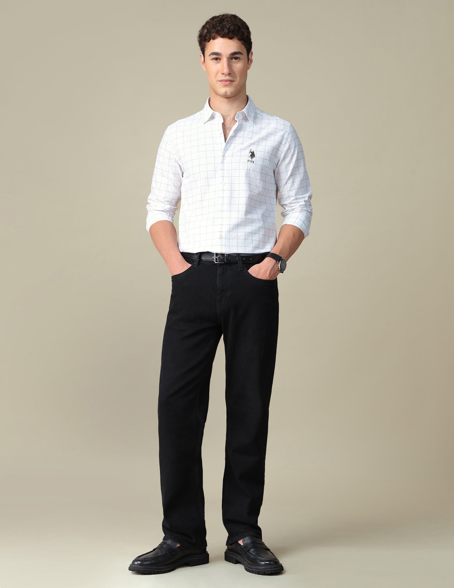 Windowpane Checked Seersucker Shirt White - U.S. Polo Assn. India | Large