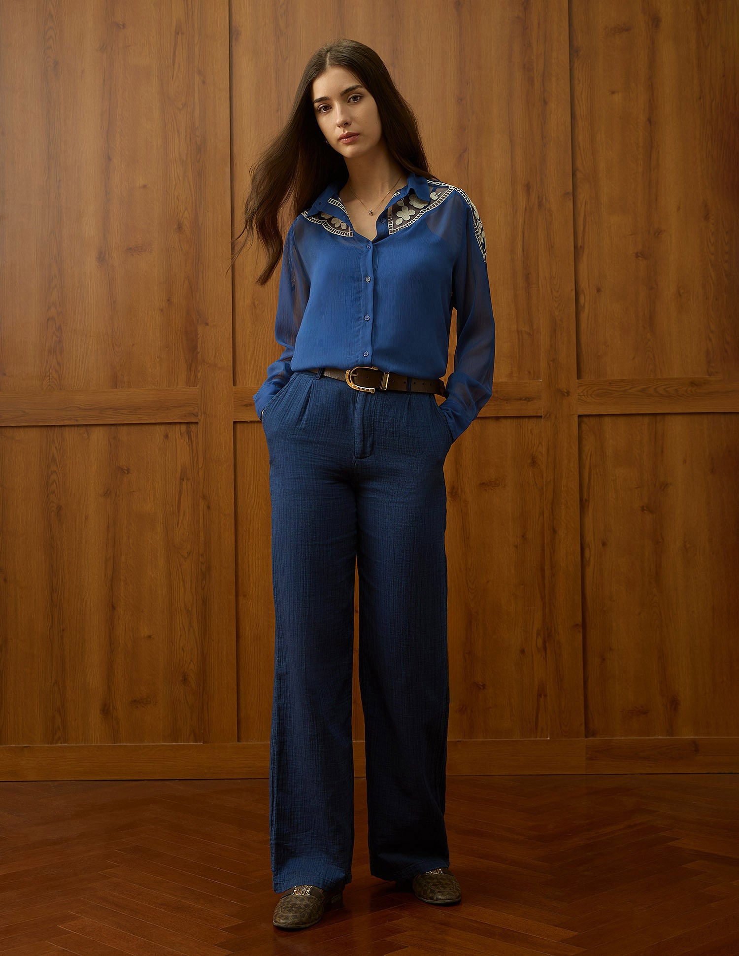 Chiffon Sheer Floral Embroidered Shirt Blue - U.S. Polo Assn. India | Large