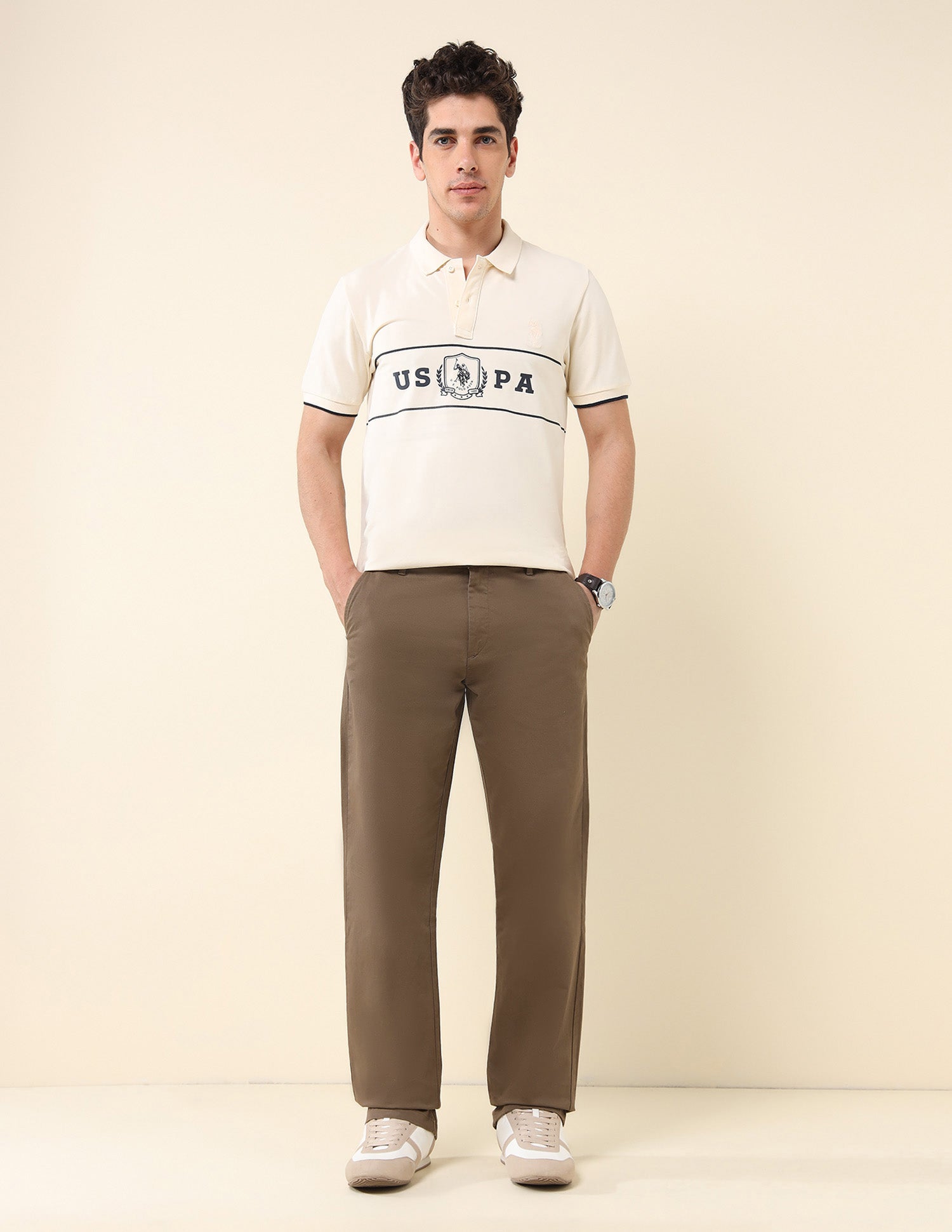Riley Straight Fit Satin Print Trousers Brown - U.S. Polo Assn. India | Large
