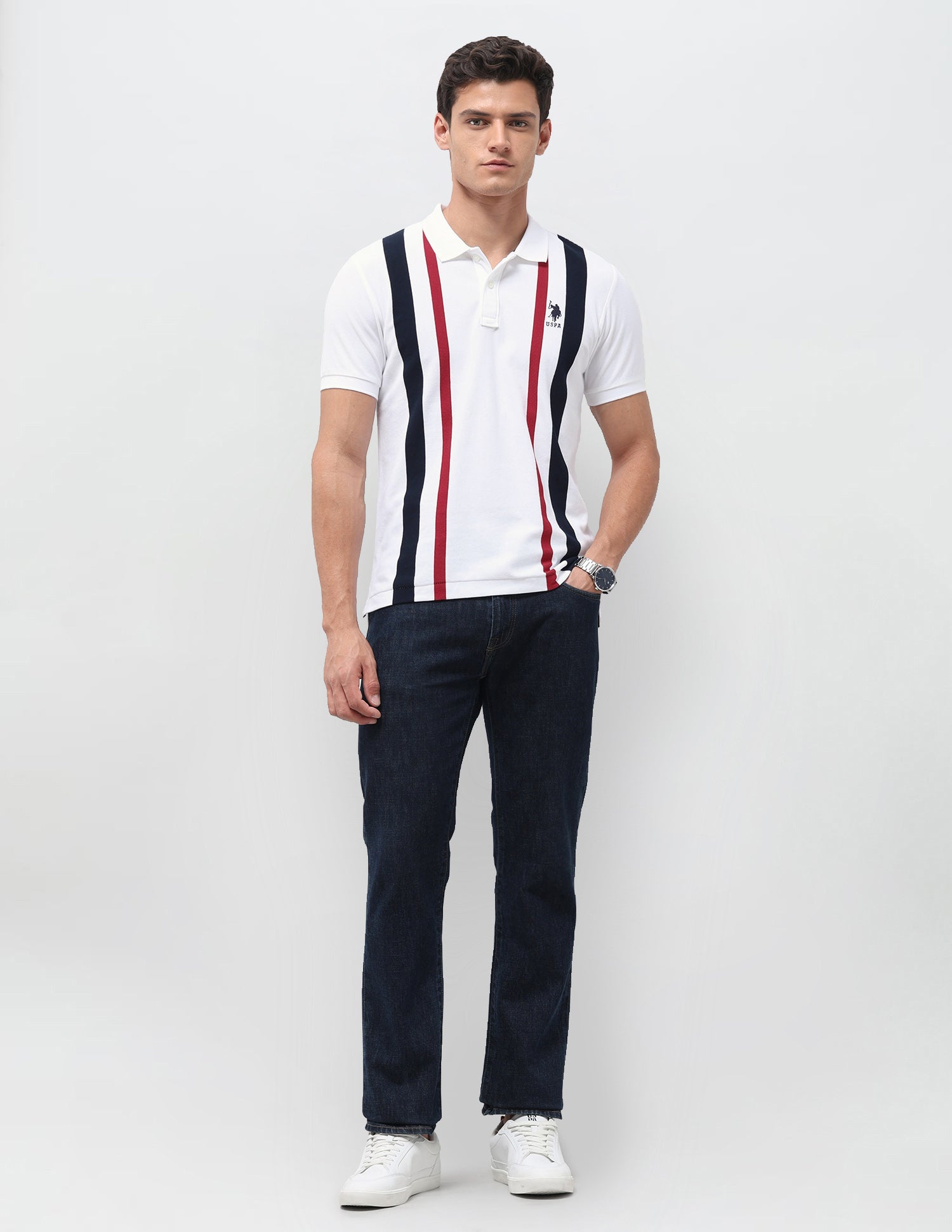 Vertical Striped Slim Fit Polo Shirt White - U.S. Polo Assn. India | Large