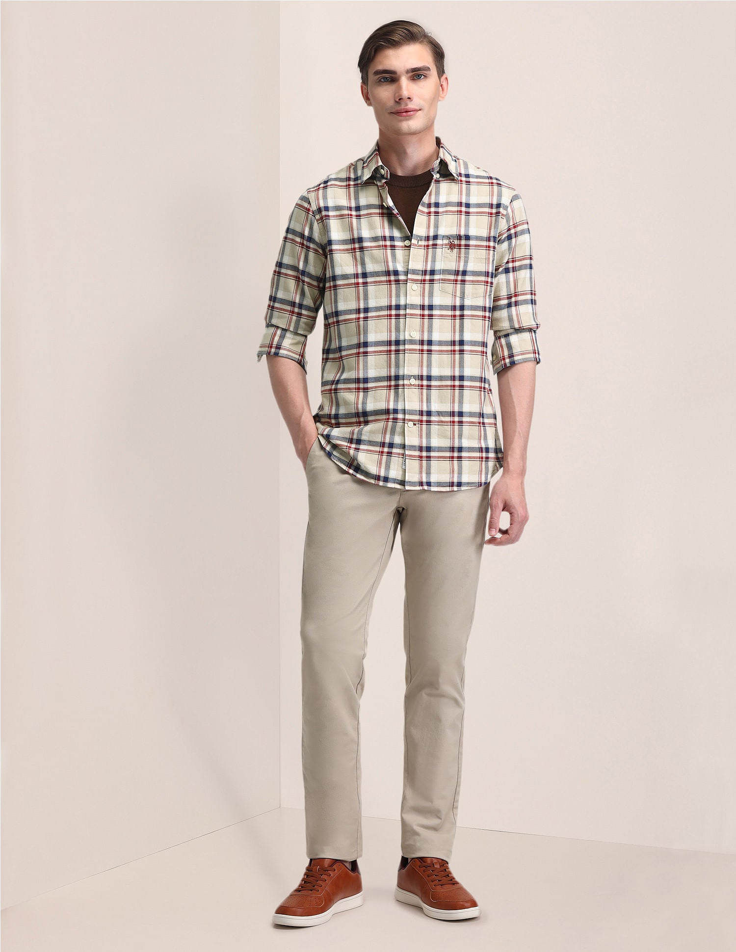 Tailored Fit Checked Shirt Beige - U.S. Polo Assn. India | Large