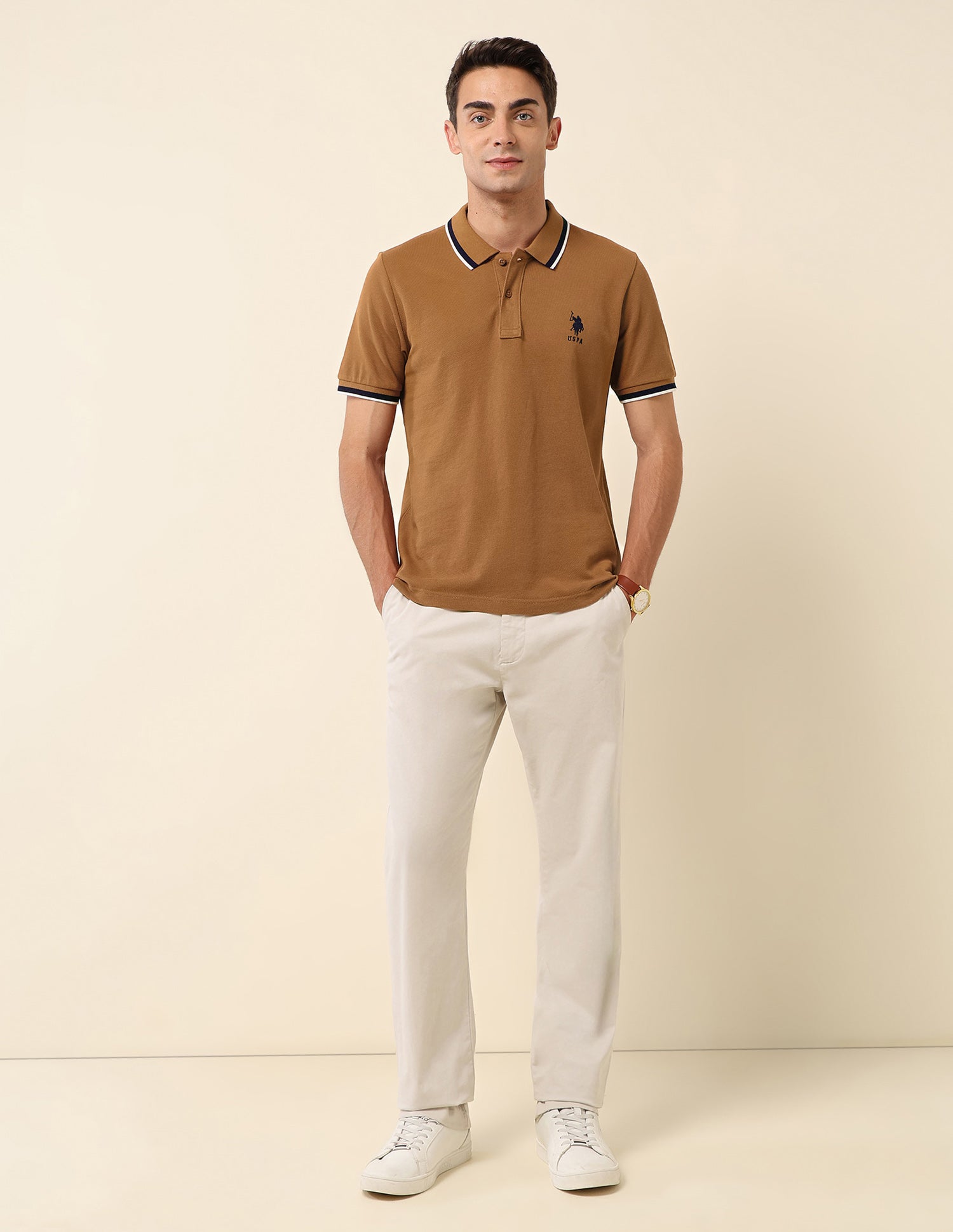 Slim Fit Solid Polo Shirt Brown - U.S. Polo Assn. India | Large