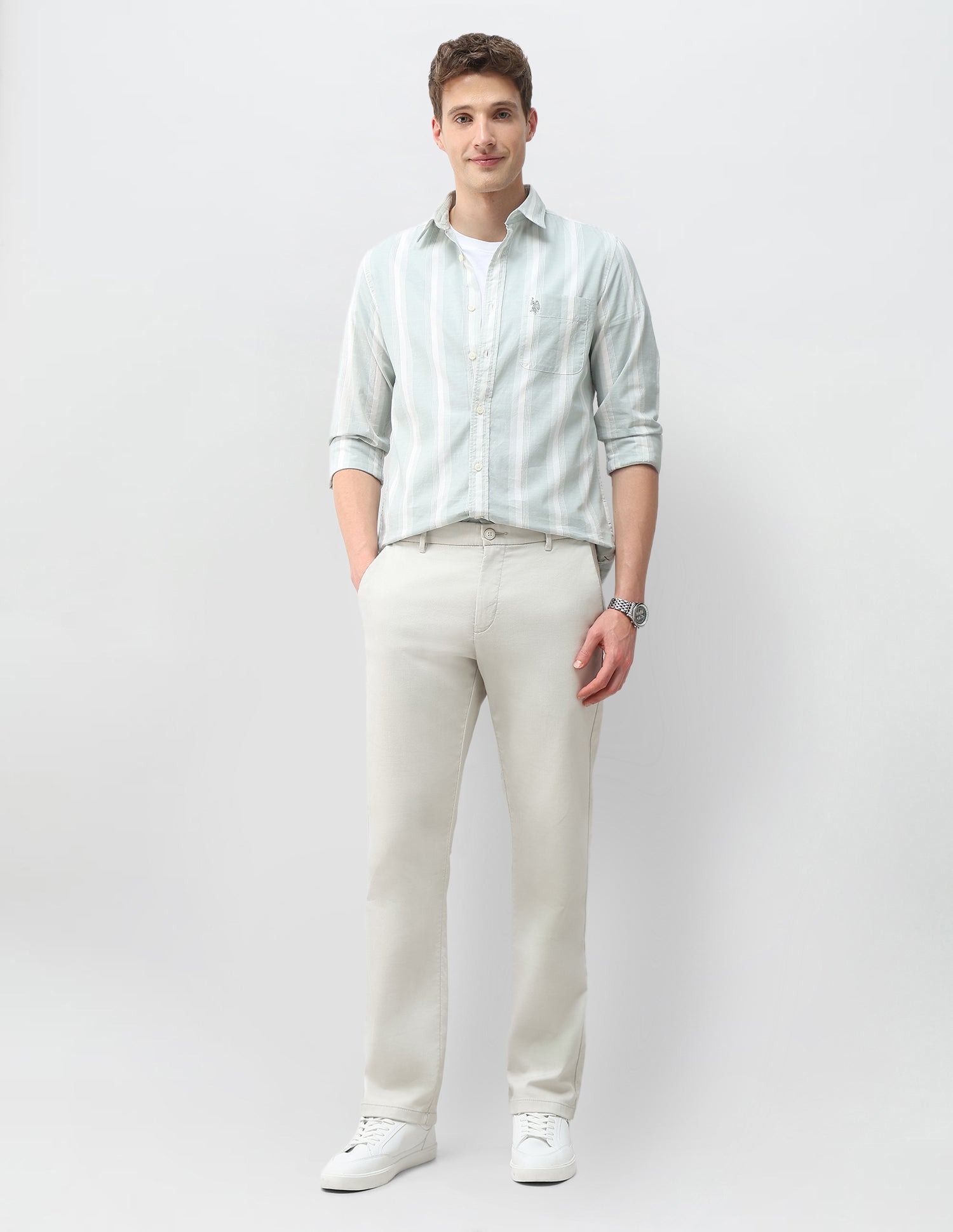 Vertical Striped Regular Fit Shirt Light Green - U.S. Polo Assn. India | Large