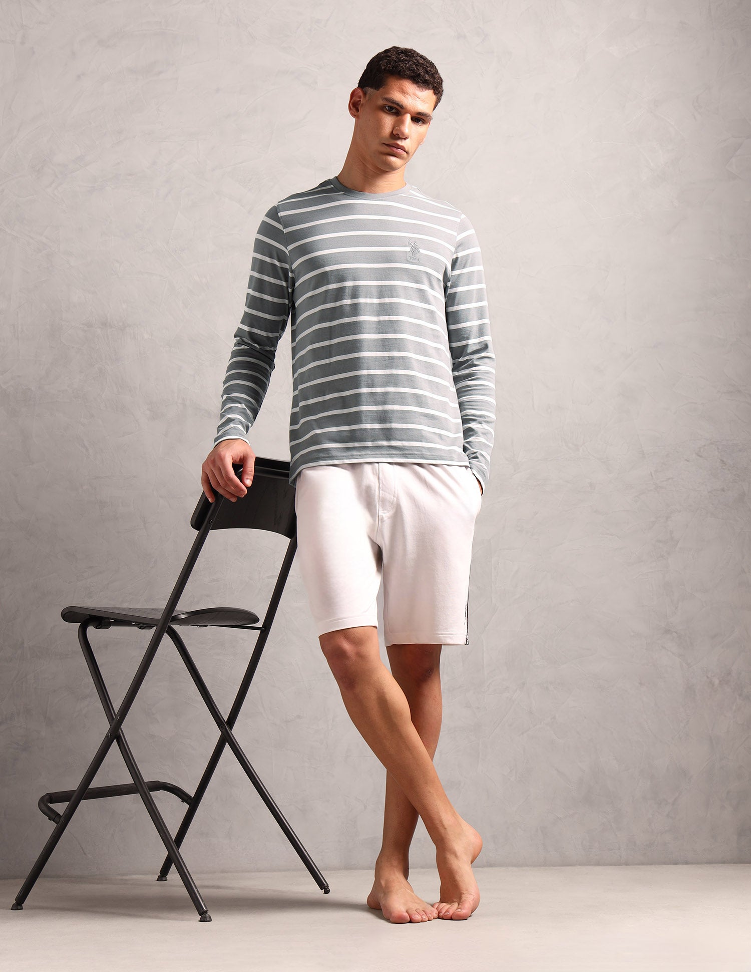 Horizontal Striped Pure Cotton I689 Lounge T-Shirt - Pack Of 1 Ghost Grey / White - U.S. POLO ASSN. | Large