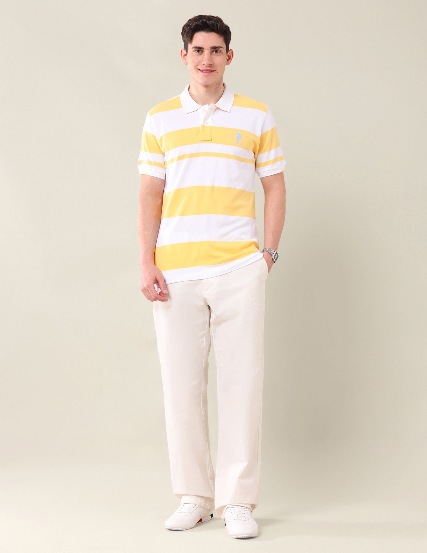 Horizontal Stripes Pure Cotton Polo Shirt Light Yellow - U.S. Polo Assn. India | Large