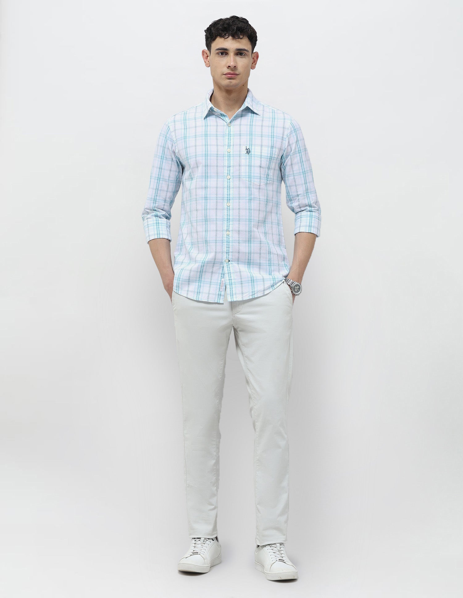 Seersucker Tailored Fit Shirt Light Blue - U.S. Polo Assn. India | Large