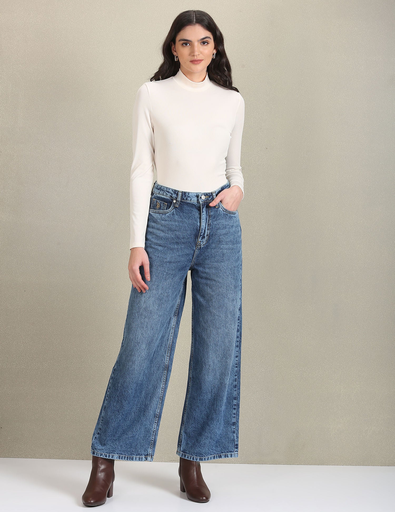 Wide Leg Mid Rise Jeans Blue - U.S. POLO ASSN. | Large