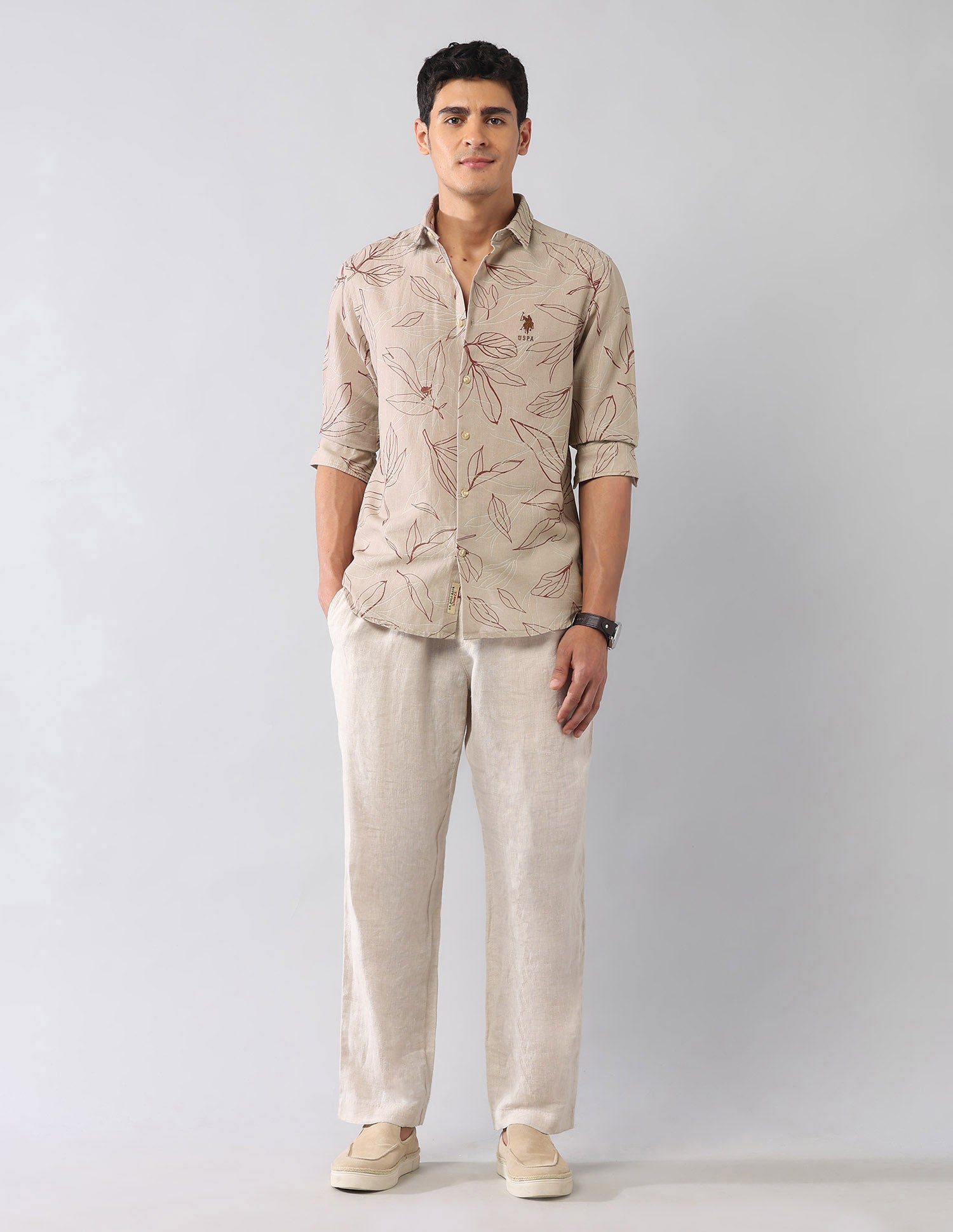 Tropical Printed Poplin Regular Fit Shirt Khaki - U.S. Polo Assn. India | Large