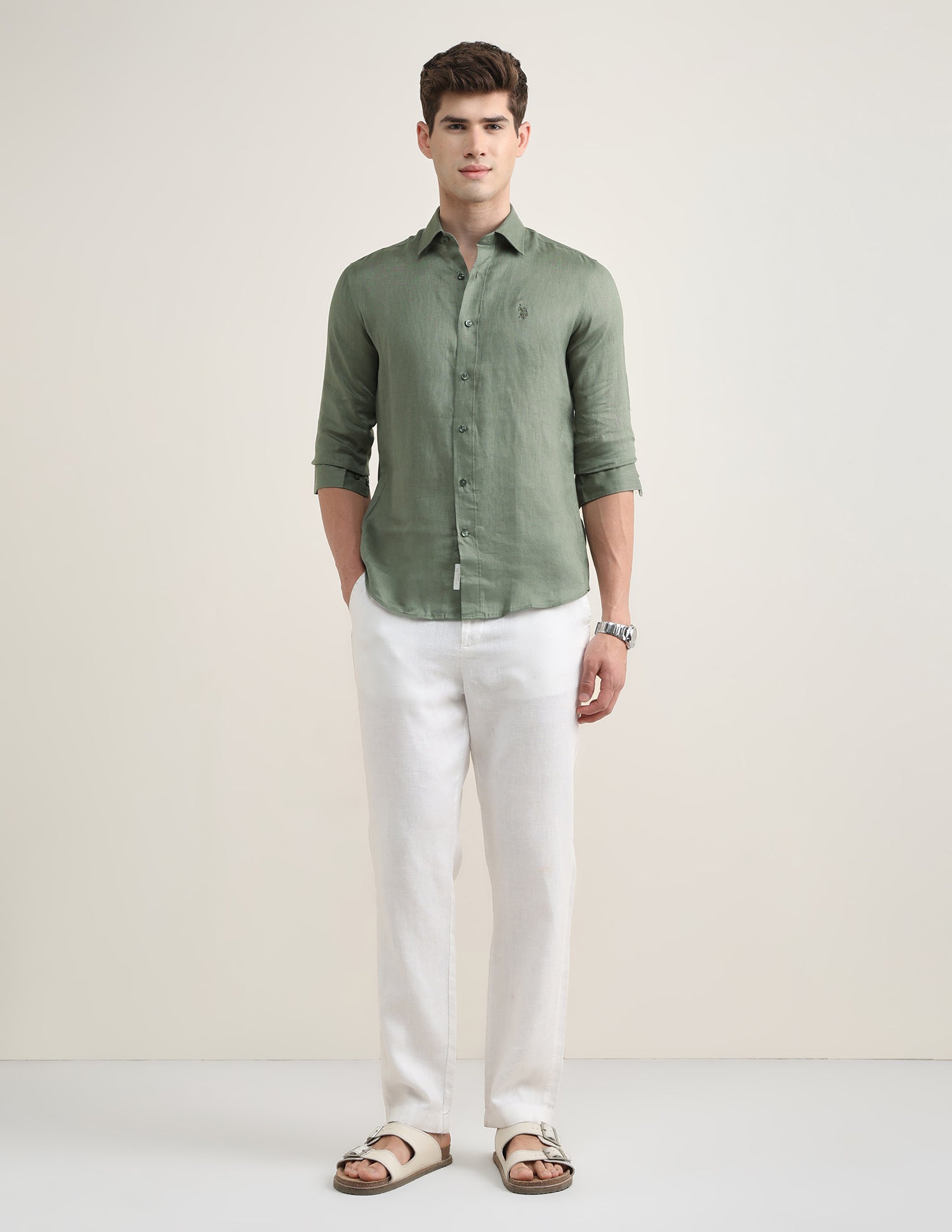 Solid Regular Fit Shirt Light Olive - U.S. Polo Assn. India | Large
