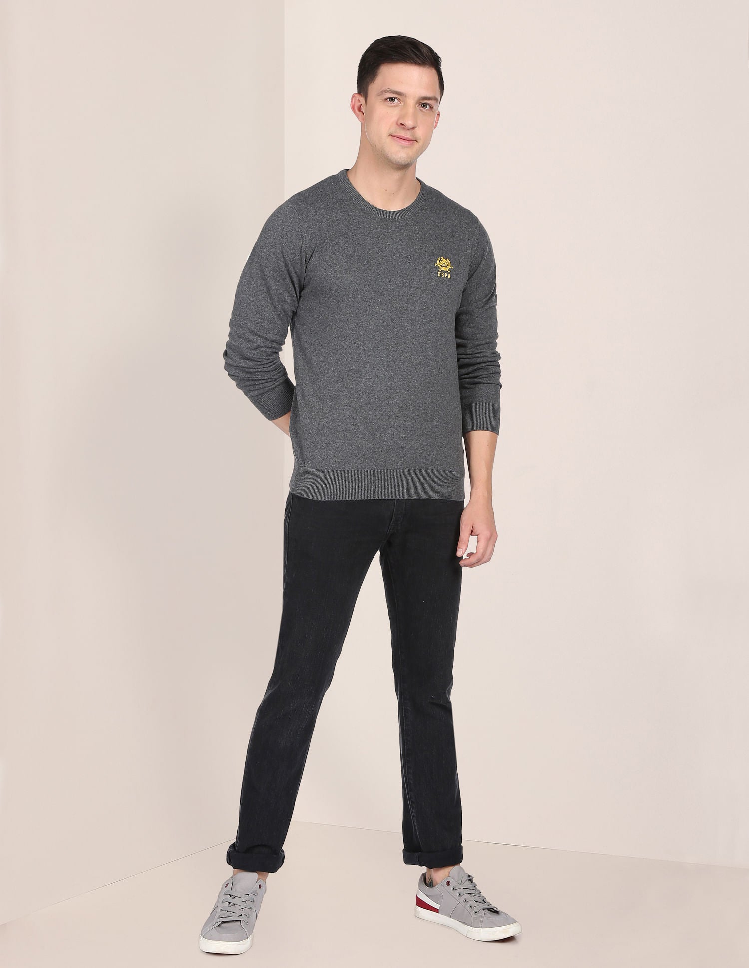 Crew Neck Heathered Sweater Grey - U.S. POLO ASSN. | Large