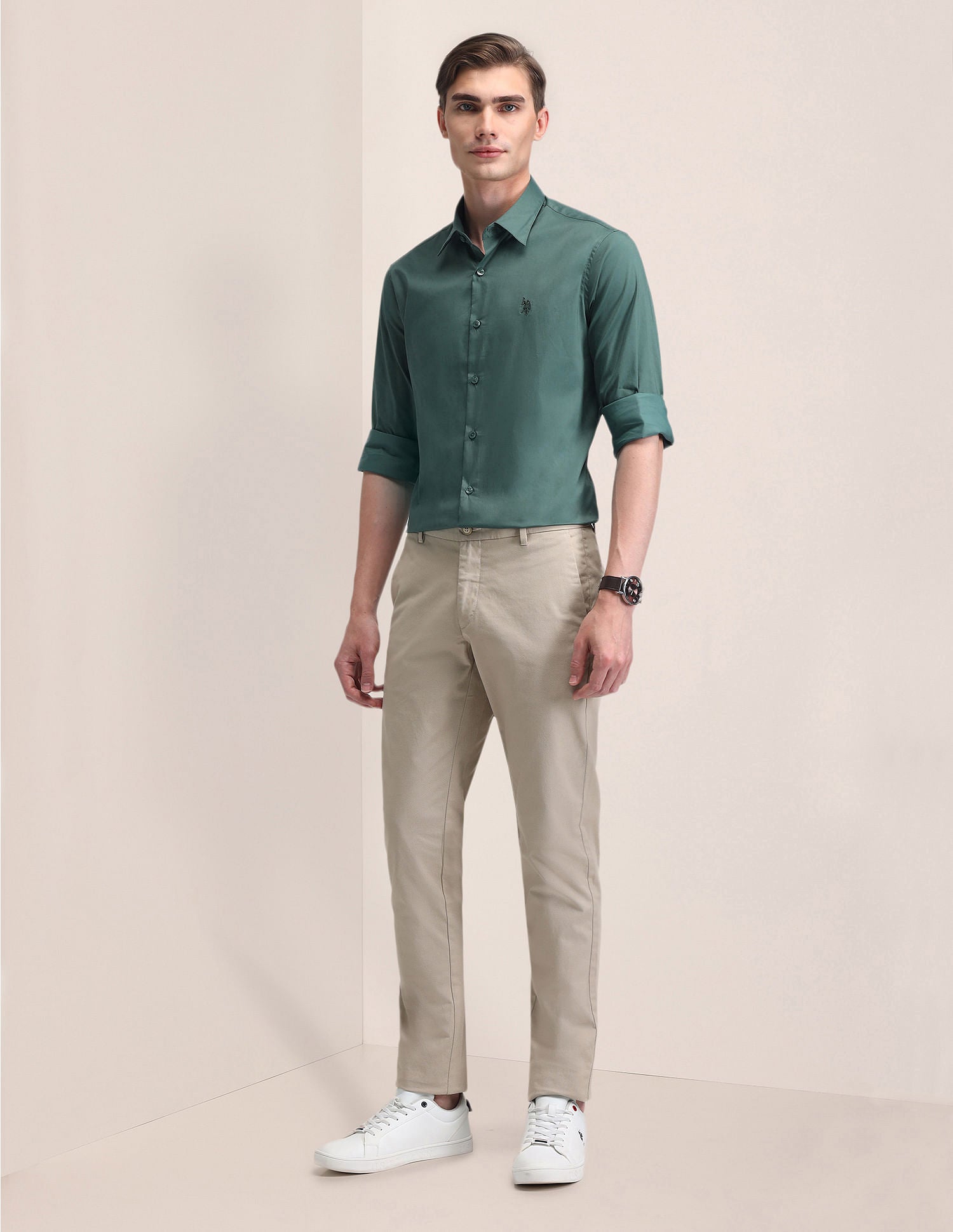 Tailored Fit Solid Twill Shirt Green - U.S. Polo Assn. India | Large