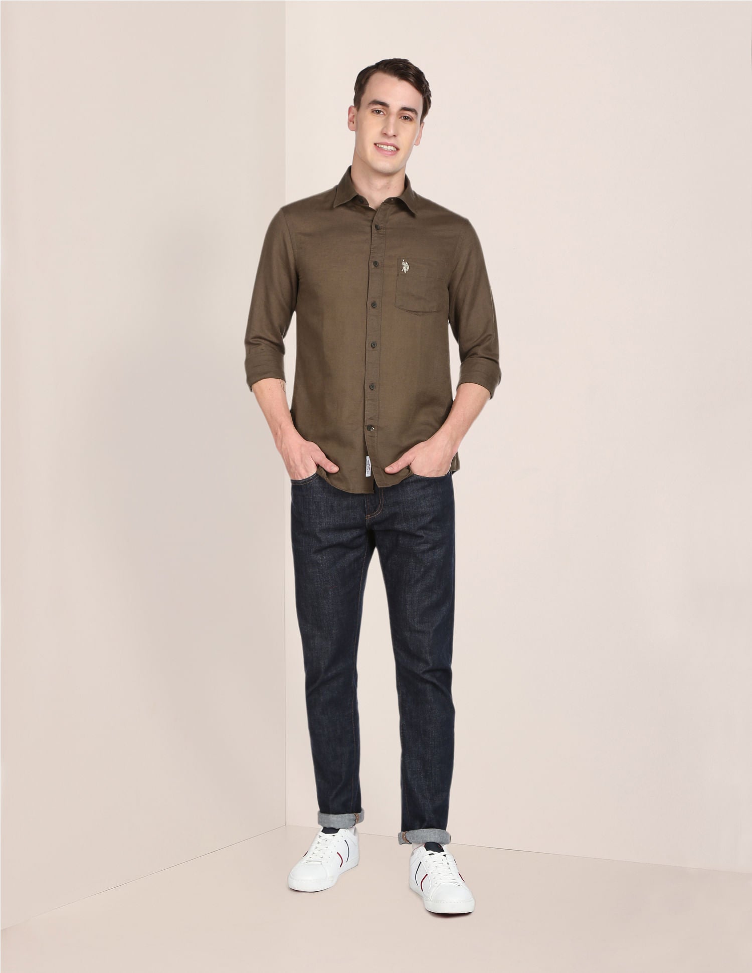 Oxford Weave Solid Casual Shirt Brown - U.S. POLO ASSN. | Large