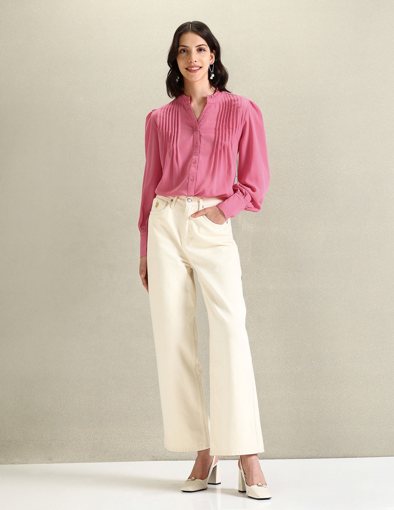 Front Pleat Mandarin Collar Top Pink - U.S. POLO ASSN. | Large