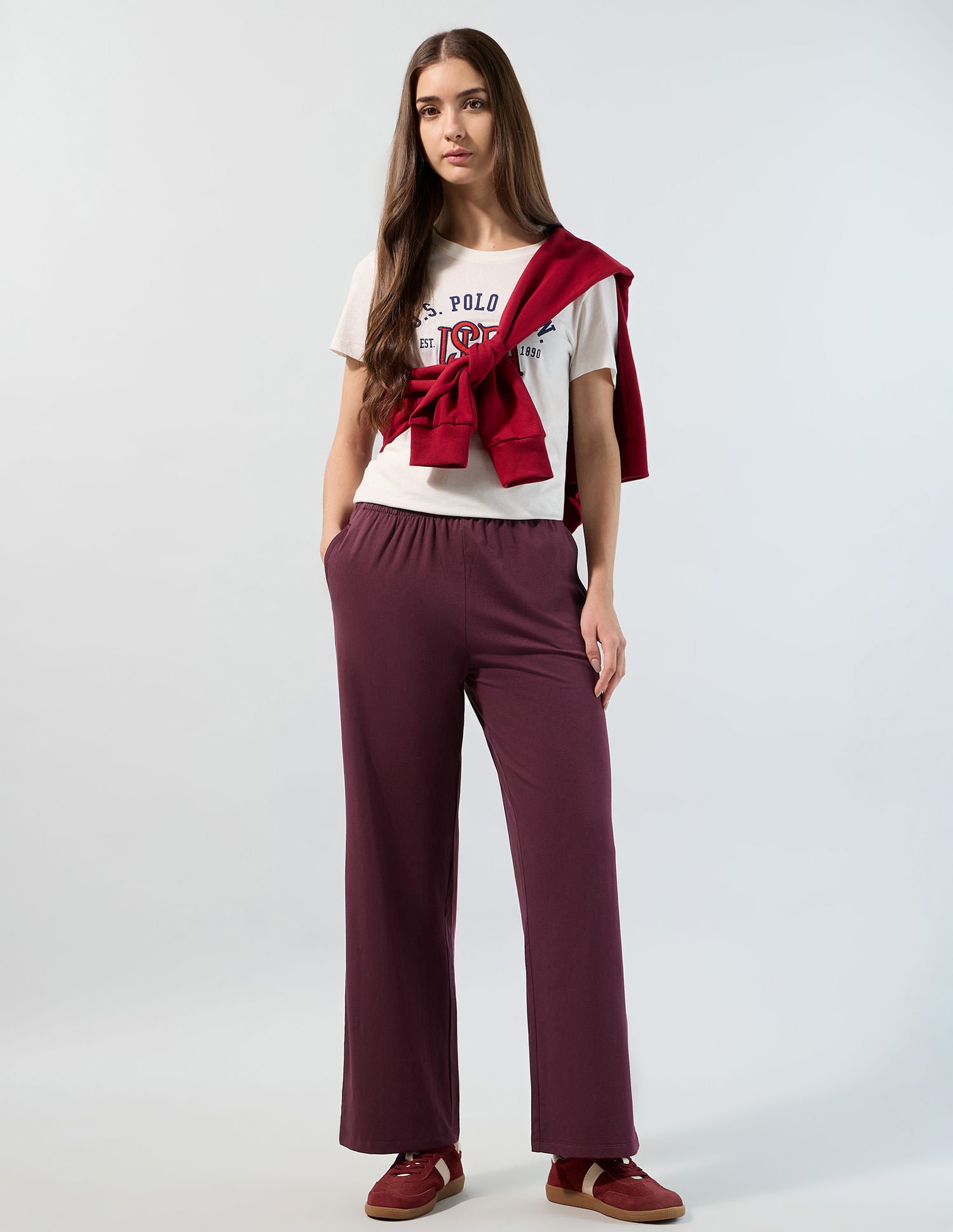 Wide Leg Fit Solid Trousers Red - U.S. POLO ASSN. | Large