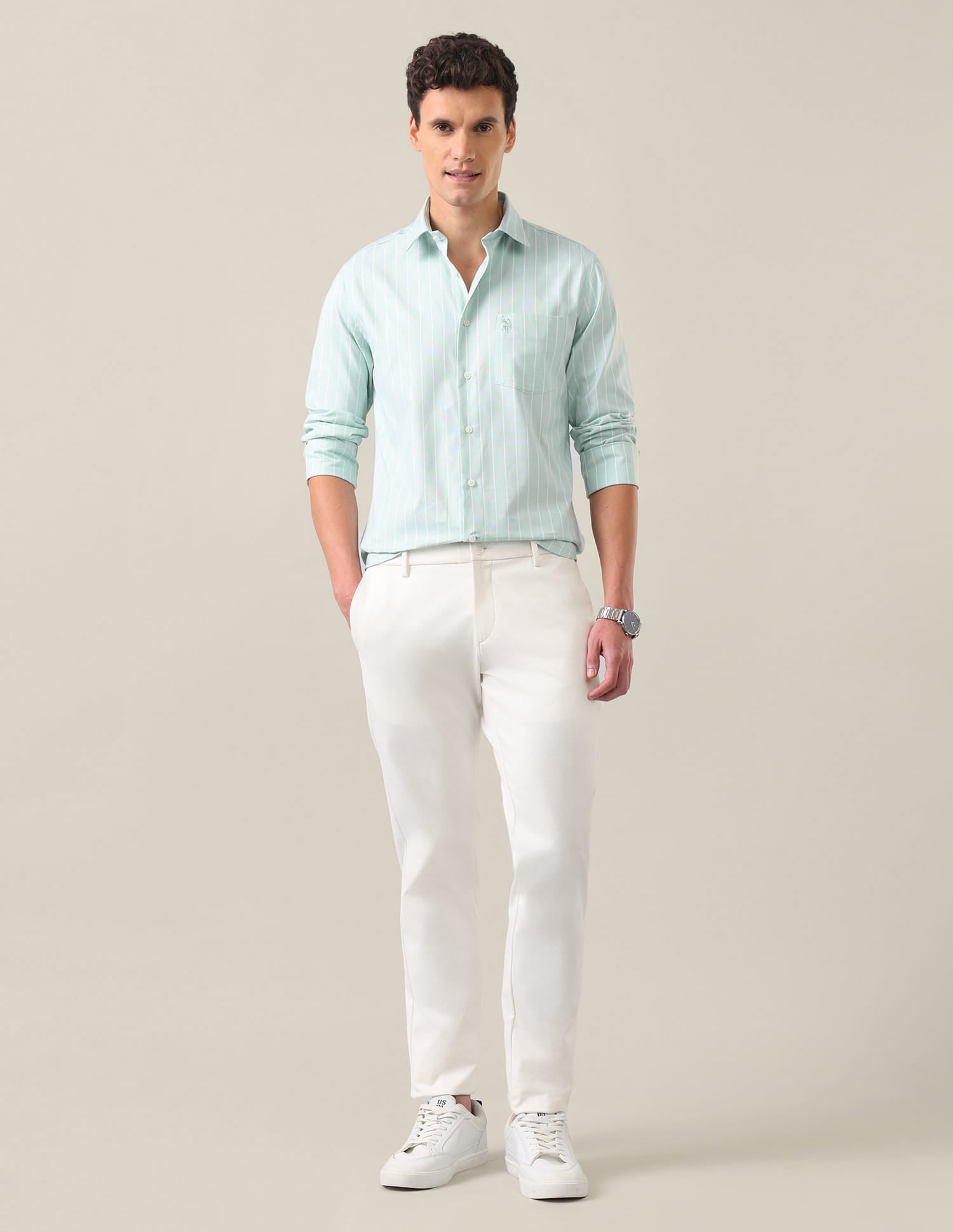 Vertical Striped Tailored Fit Shirt Light Green - U.S. Polo Assn. India | Large