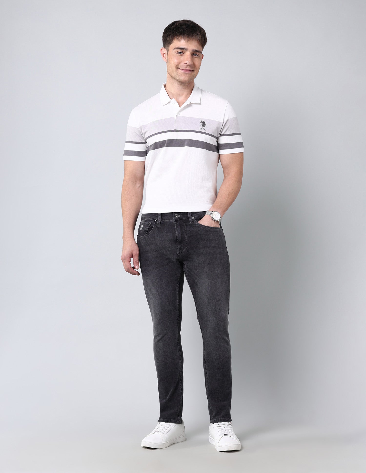 Cropped Length Henry Tapered Fit Bi Stretch Authentic Jeans Grey - U.S. Polo Assn. India | Large