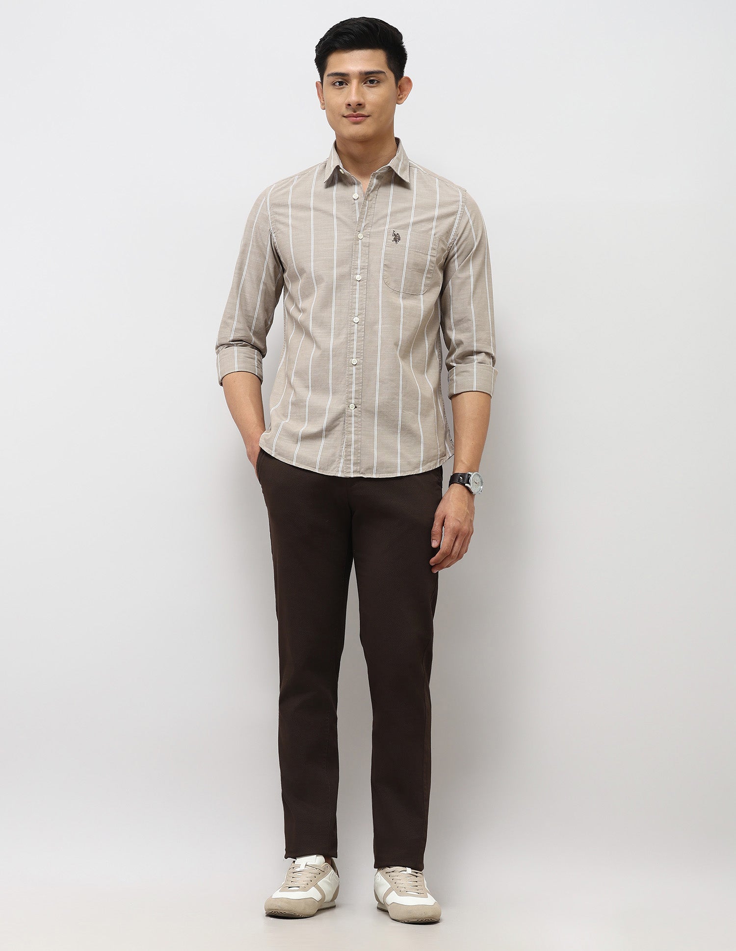 Vertical Striped Pure Cotton Shirt Light Brown - U.S. Polo Assn. India | Large