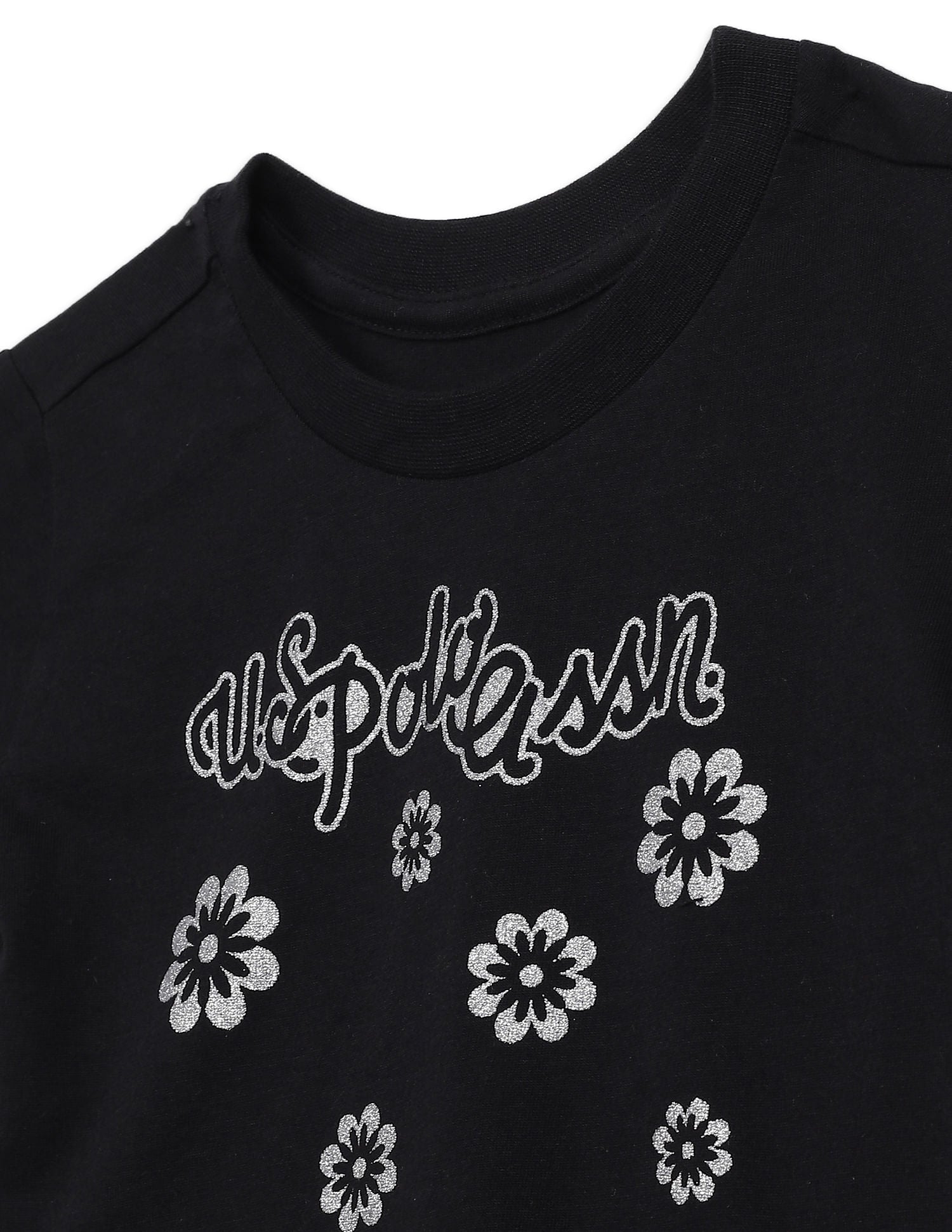 Girls Black Crew Neck Glitter Print T-Shirt Black - U.S. POLO ASSN. | Large
