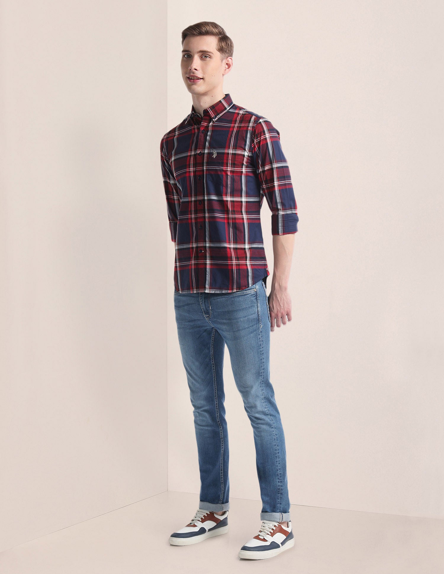 Tartan Check Premium Cotton Shirt Navy and Red - U.S. Polo Assn. India | Large