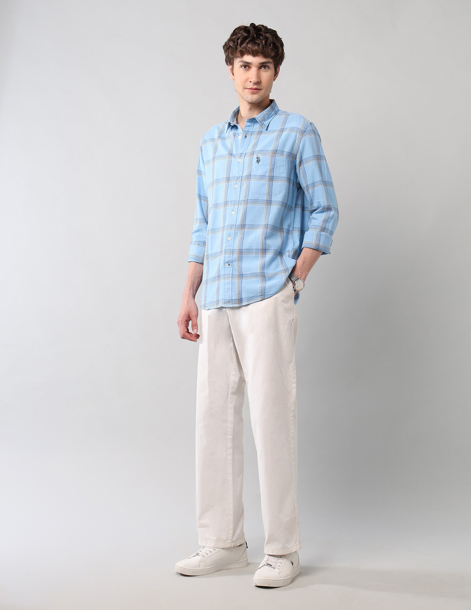 Grid Tattersall Checked Pure Cotton Shirt Light Blue - U.S. POLO ASSN. | Large