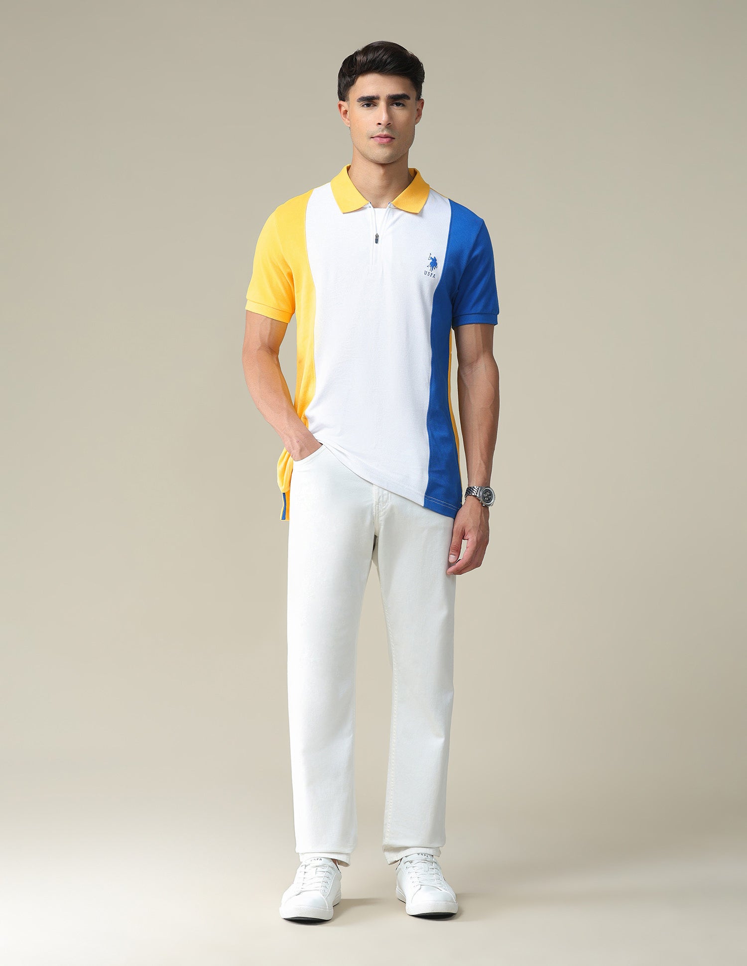 Colour Block Cotton Polo Shirt Yellow and White - U.S. POLO ASSN. | Large