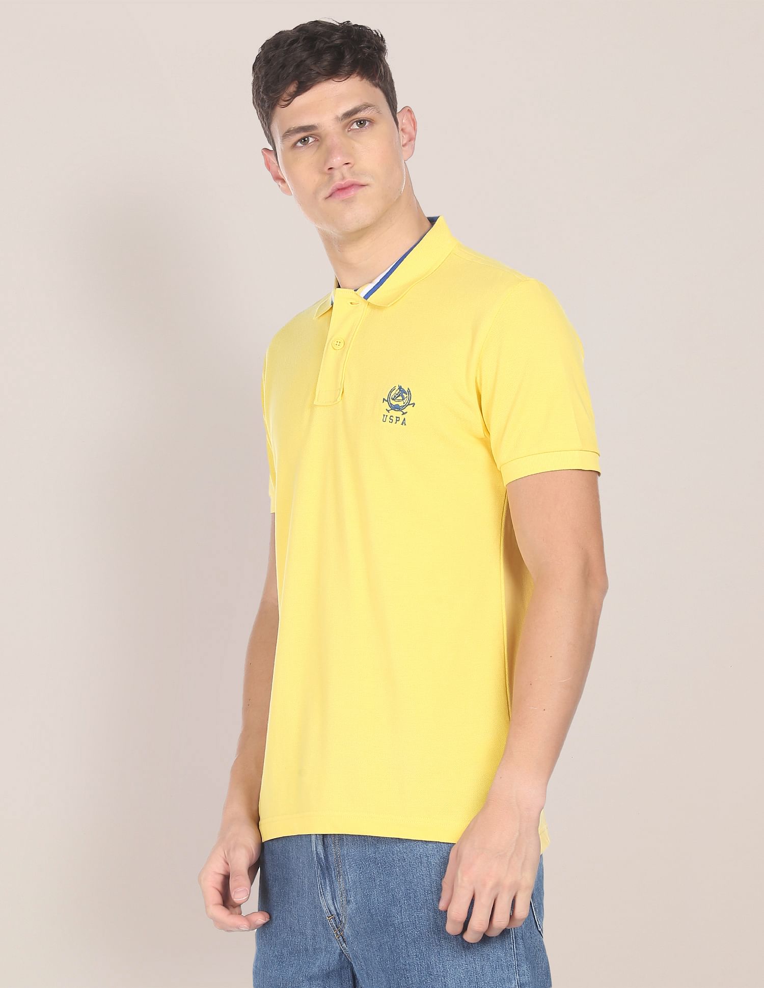 Men Light Yellow Cotton Solid Polo Shirt Light Yellow - U.S. POLO ASSN. | Large