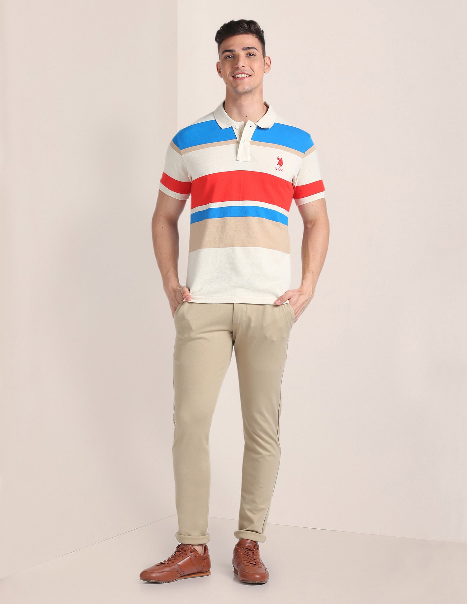 Horizontal Stripe Slim Polo Shirt Light Brown - U.S. POLO ASSN. | Large